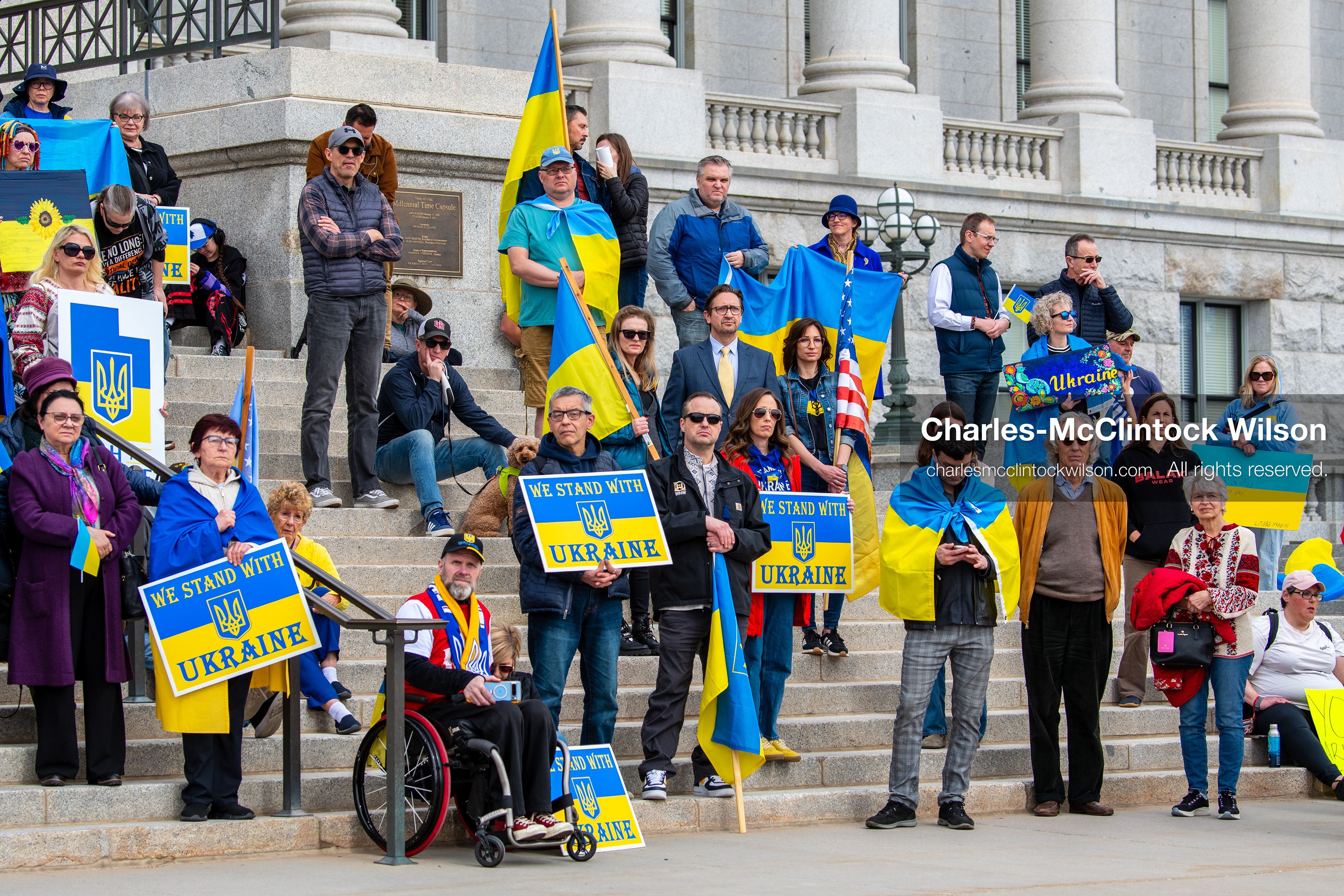 February 28, 2026, Salt Lake City, Utah, USA: Supporters gather on the steps of the Utah State Capitol during the Stand With Ukraine rally marking the four year anniversary of the full scale Russian invasion of Ukraine. Participants hold signs and Ukrainian flags as community members call for continued support for Ukraine and an end to the war. (Credit Image: © Charles McClintock Wilson/ZUMA Press Wire)