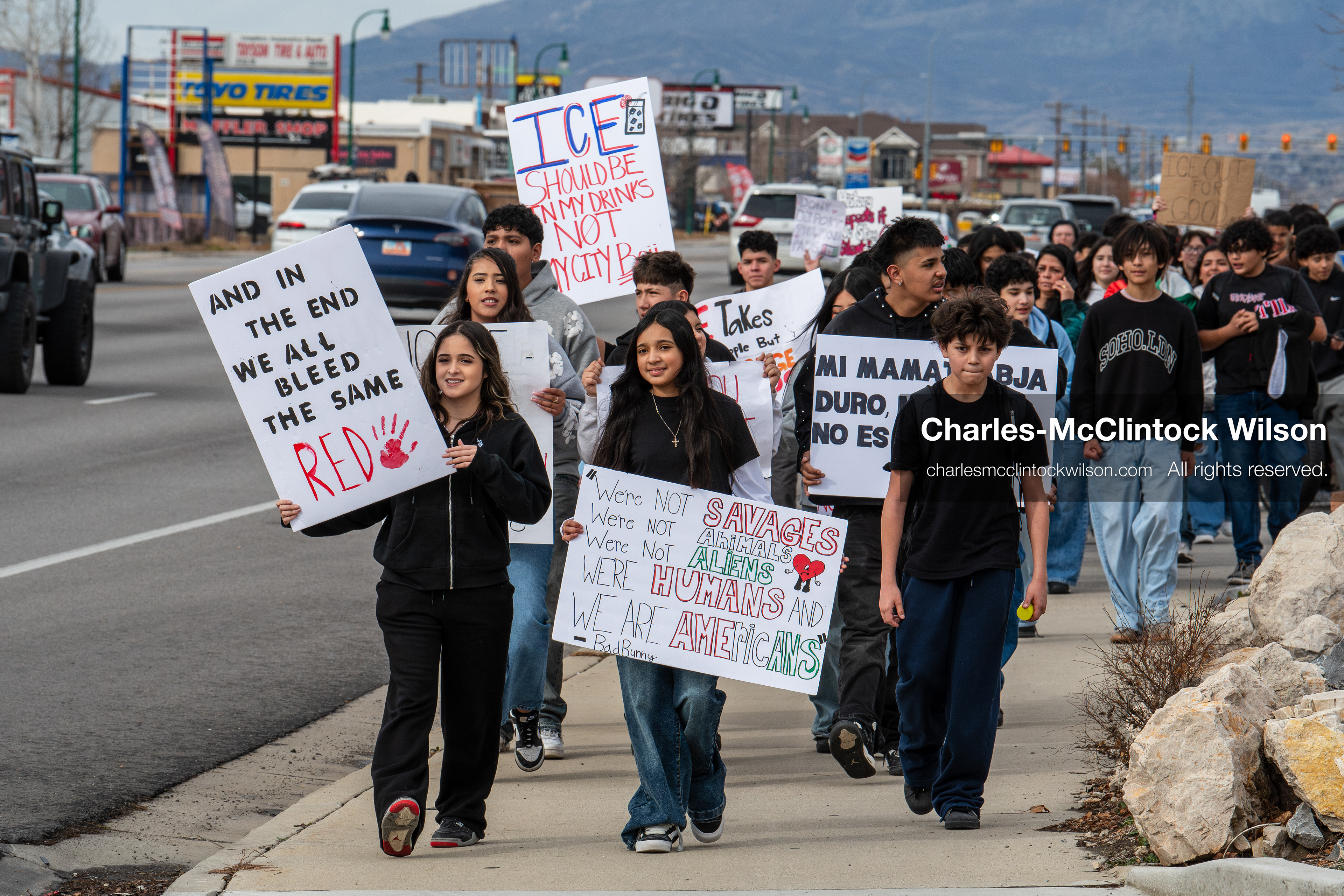 February 11, 2026, Orem, Utah, USA: Students march along State Street during a student‑led protest involving participants from multiple Orem schools. (Credit Image: © Charles‑McClintock Wilson/ZUMA Press Wire)