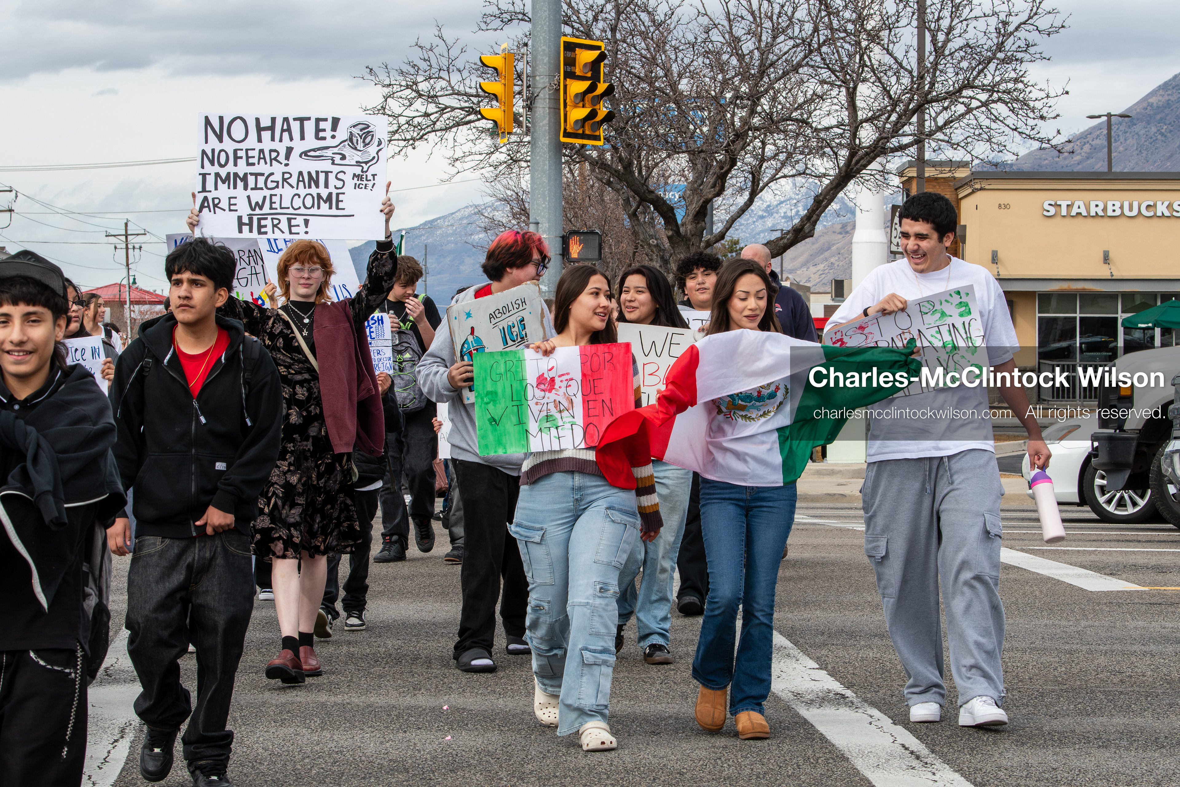 February 11, 2026, Orem, Utah, USA: Students march along State Street during a student‑led protest involving participants from multiple Orem schools. (Credit Image: © Charles‑McClintock Wilson/ZUMA Press Wire)