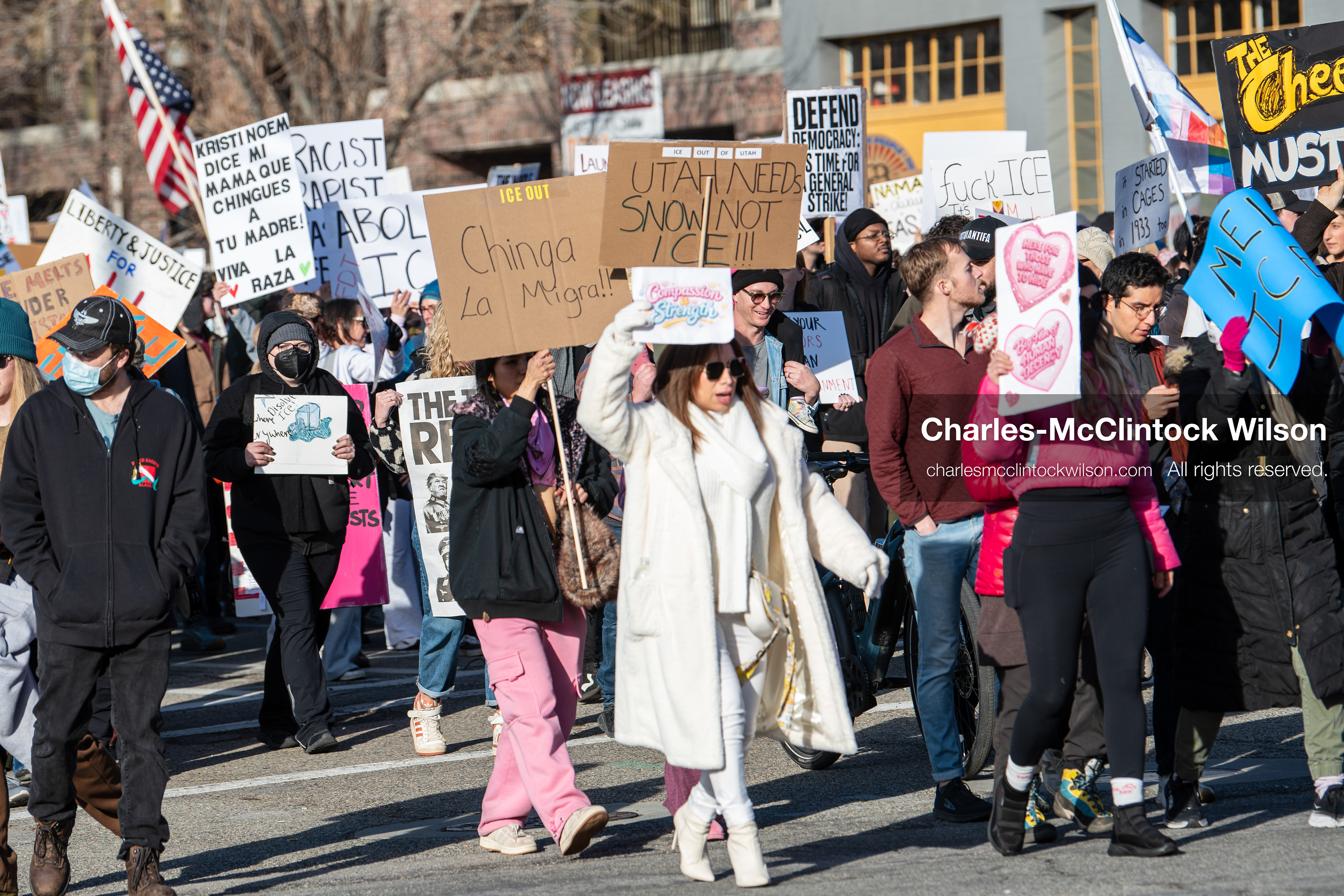 January 30, 2026, Salt Lake City, Utah, USA: Demonstrators march through downtown Salt Lake City during an anti‑ICE protest, part of a nationwide response to immigration enforcement policies. (Credit Image: © Charles‑McClintock Wilson/ZUMA Press Wire)