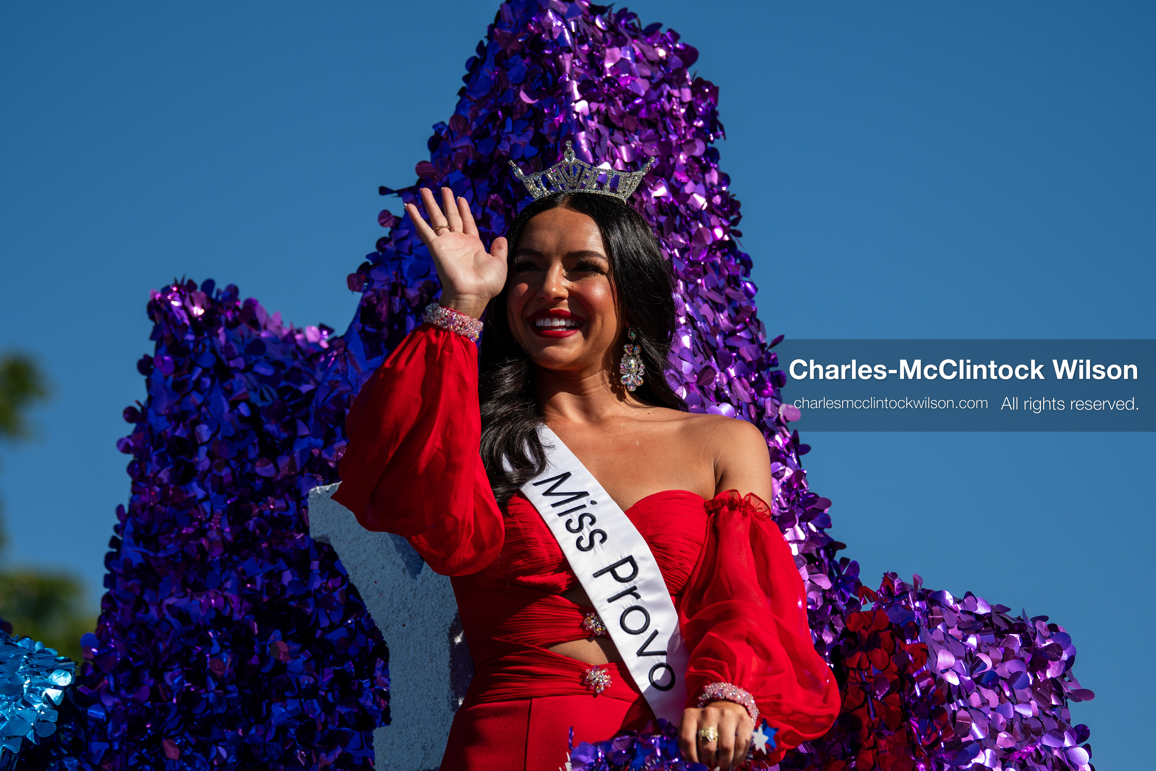 July 4, 2026, Provo, Utah, USA: Miss Provo waves to spectators from a purple tinsel-decorated parade float during America's Freedom Festival Grand Parade in Provo, Utah, Saturday, July 4, 2026. The annual Independence Day event features expanded programming to honor the 250th anniversary of United States independence. (Credit Image: © Charles-McClintock Wilson/ZUMA Press Wire)