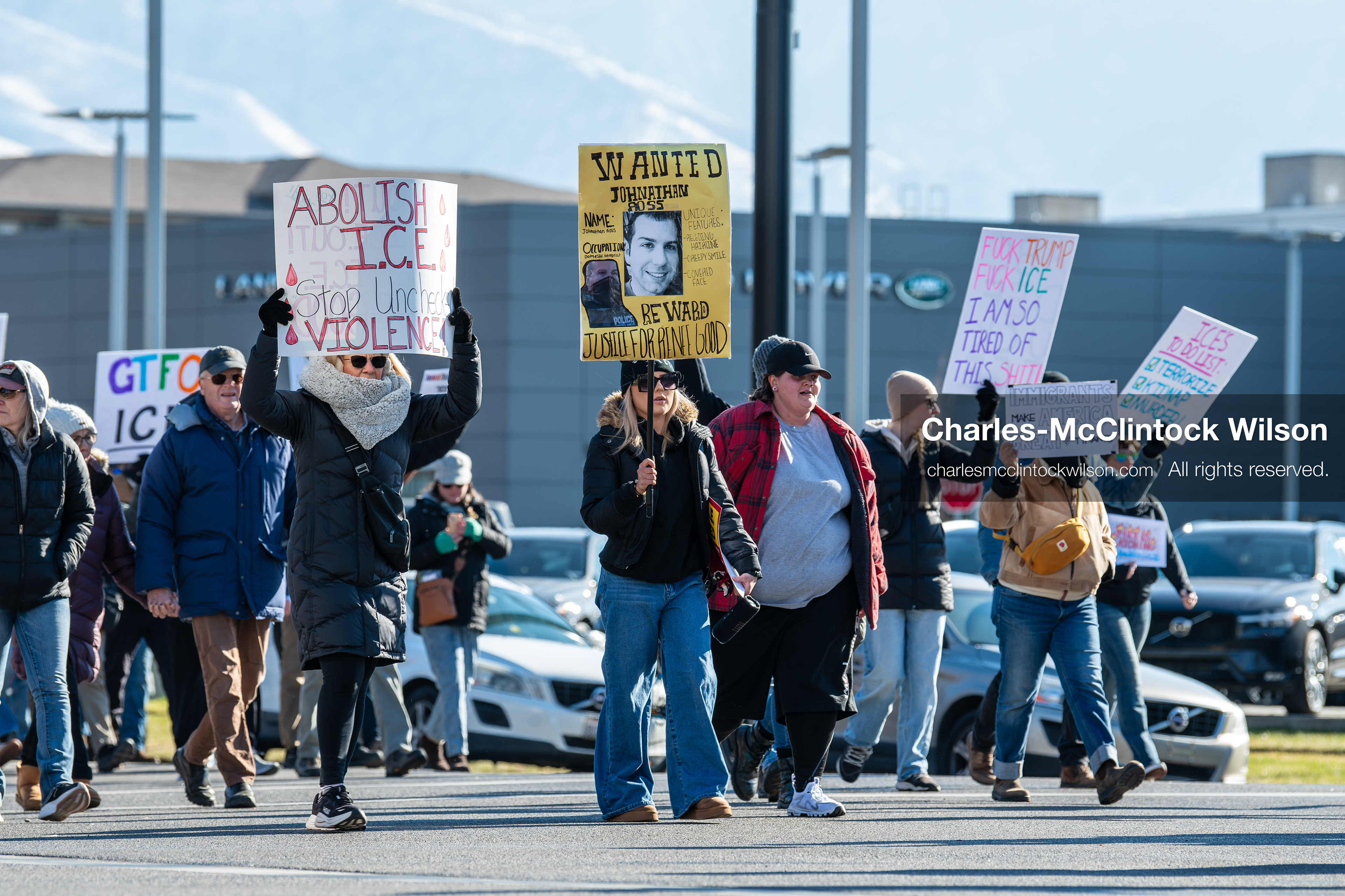 Salt Lake City, Utah, January 10, 2026: A group of demonstrators marches through downtown Salt Lake City during the ICE Out for Good protest, which began at Washington Square Park, with participants carrying signs and personal items as they walk together. (Credit Image: © Charles‑McClintock Wilson/ZUMA Press Wire)