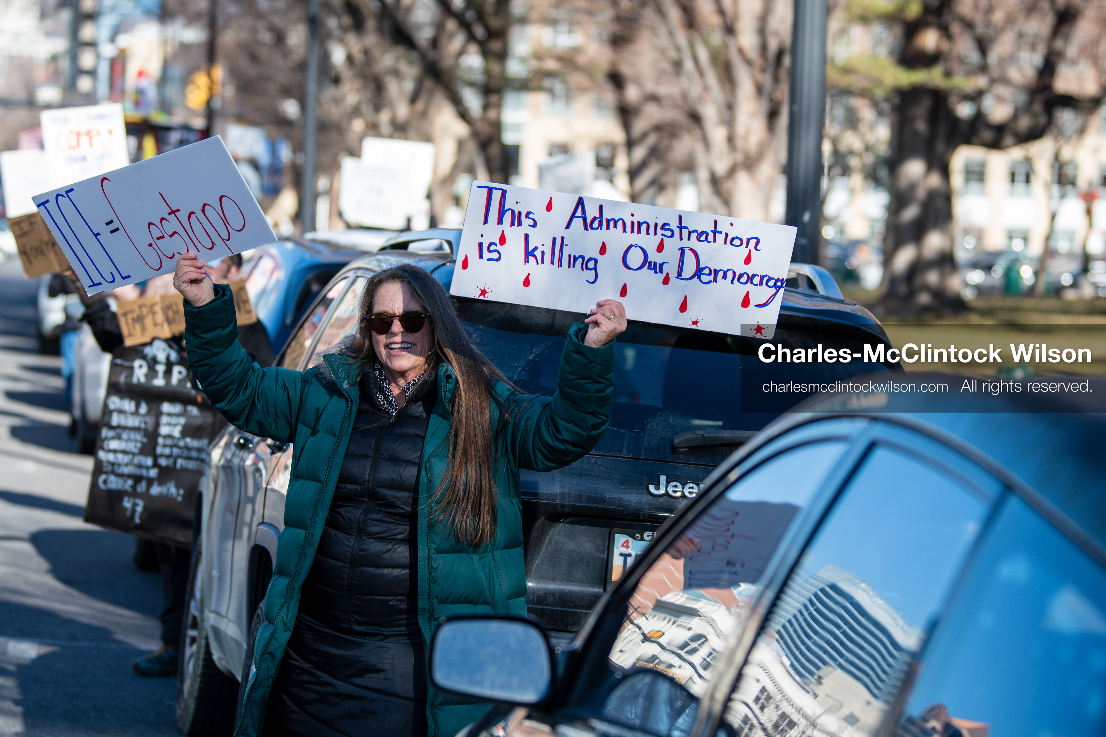 Salt Lake City, Utah, January 10, 2026: Protesters stand with signs at Washington Square Park during the ICE Out for Good protest, a demonstration calling for justice for Renee Nicole Good. (Credit Image: © Charles‑McClintock Wilson/ZUMA Press Wire)