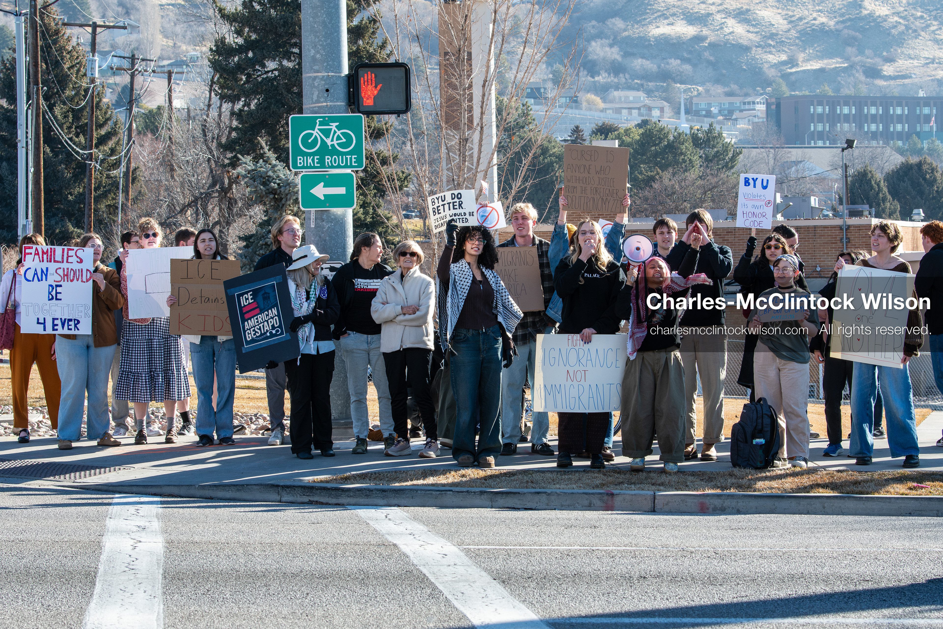 February 5, 2026, Provo, Utah, USA: Students and community members gather near Brigham Young University in Provo to demonstrate against the presence of US Customs and Border Protection recruiters at a career fair held on the BYU campus. (Credit Image: © Charles McClintock Wilson/ZUMA Press Wire)