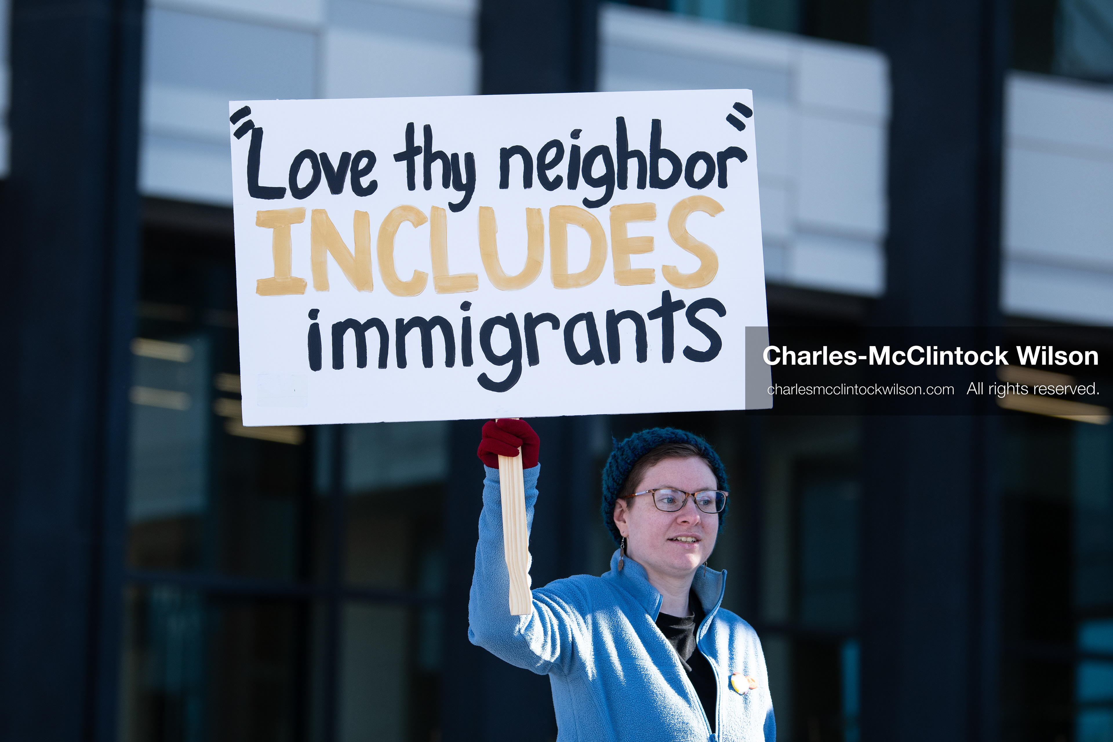 January 20, 2026, Provo, Utah, USA: A demonstrator holds a sign reading Love thy neighbor includes immigrants during the Free America Walkout outside Provo City Hall in Provo Utah on January 20 2026. The nationwide protest called for justice and immigration reform. (Credit Image: © Charles-McClintock Wilson/ZUMA Press Wire)