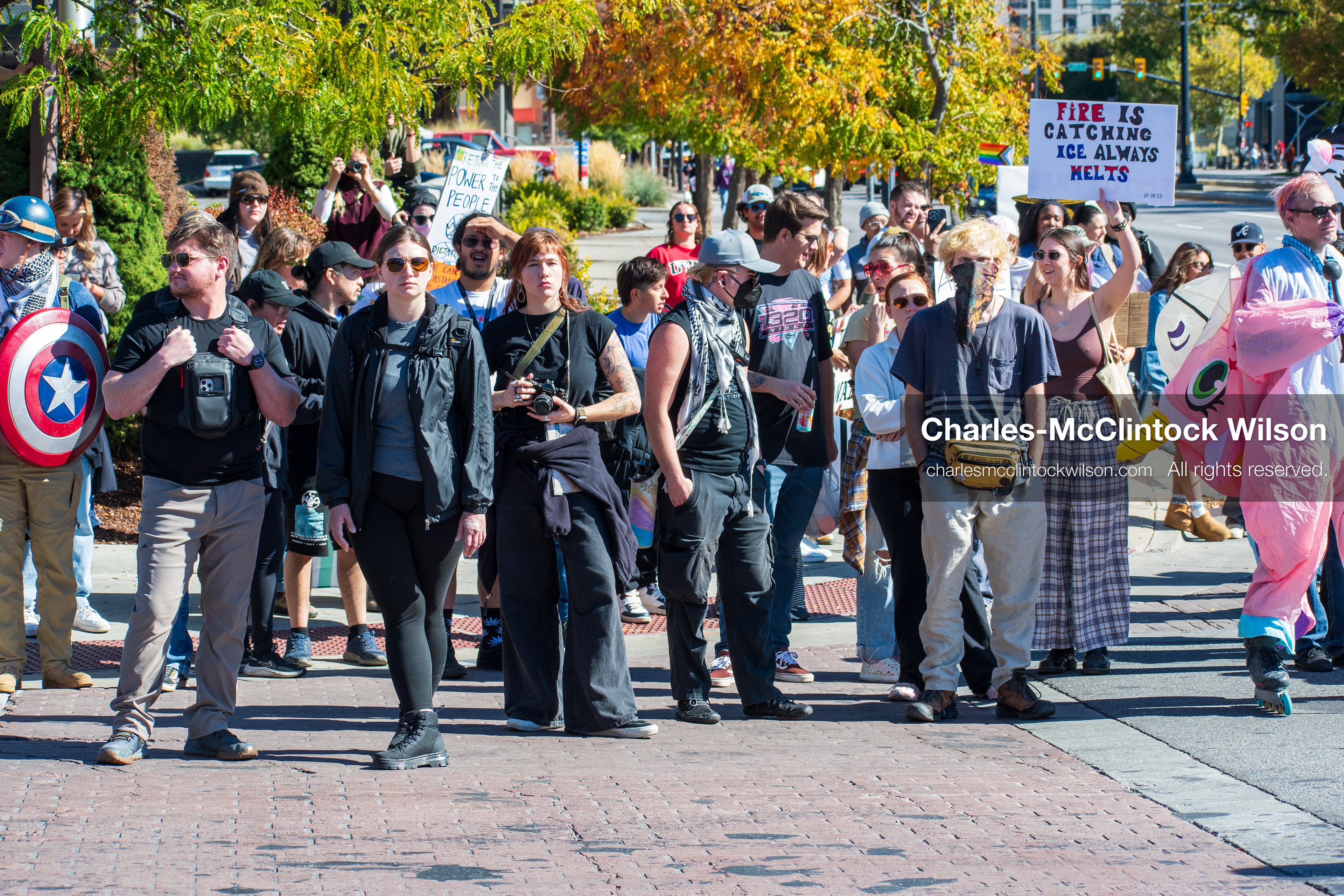 October 18, 2025, Salt Lake City, Utah, USA: Demonstrators march along South State Street during a "No Kings" protest in Salt Lake City, Utah. The protest was part of a nationwide mobilization.