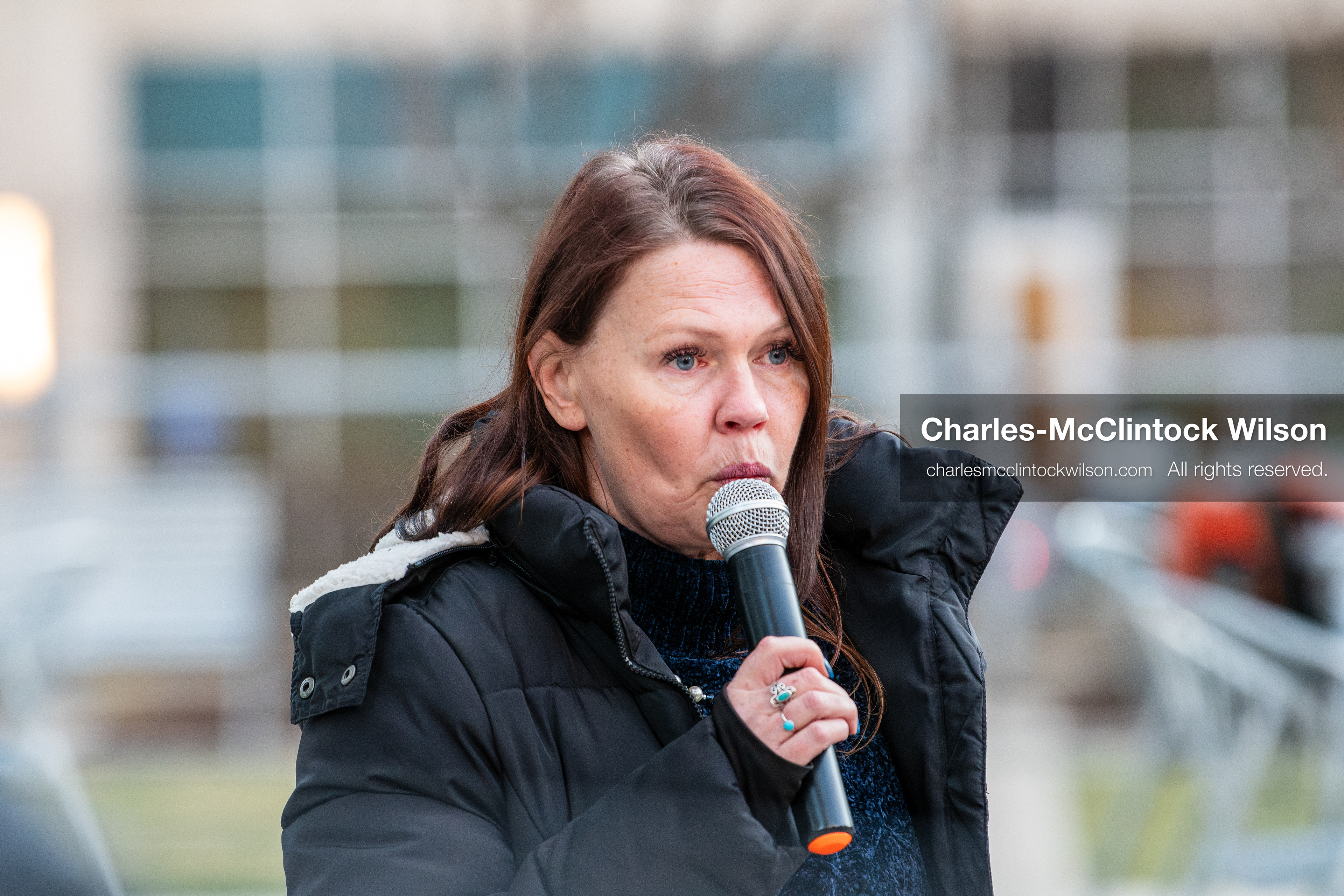 January 5, 2026, Salt Lake City, Utah, USA: A demonstrator speaks during a protest outside the Wallace Federal Building in Salt Lake City, Utah. The rally, organized by Salt Lake Indivisible, called for congressional limits on presidential war powers following recent US military actions in Venezuela involving the government of Nicolas Maduro. Attendees signed petitions addressed to Utah US senators Mike Lee and John Curtis. (Credit Image: (c) Charles‑McClintock Wilson/ZUMA Press Wire)