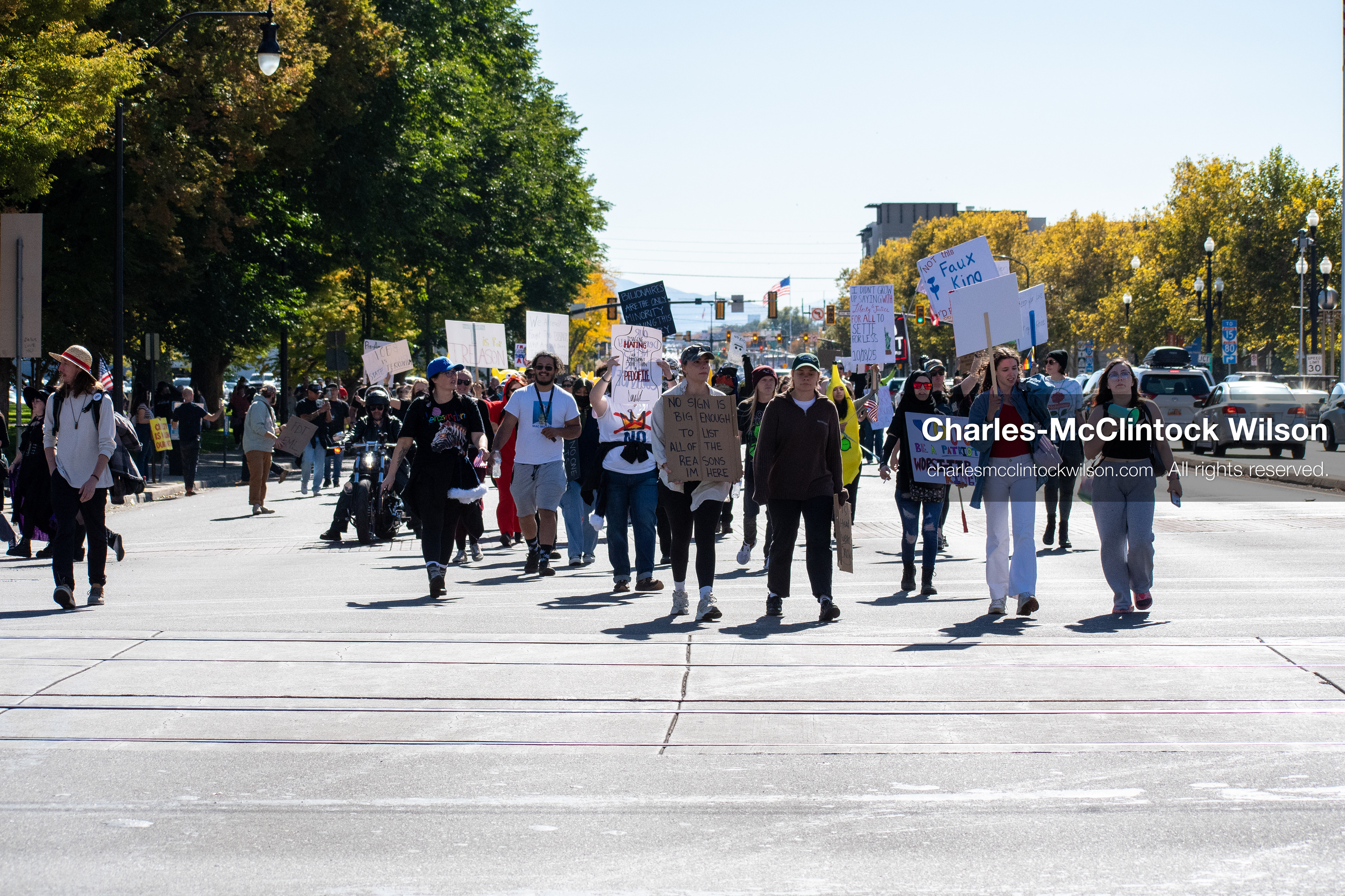October 18, 2025, Salt Lake City, Utah, USA: Demonstrators march along South State Street during a "No Kings" protest in Salt Lake City, Utah. The protest was part of a nationwide mobilization.
