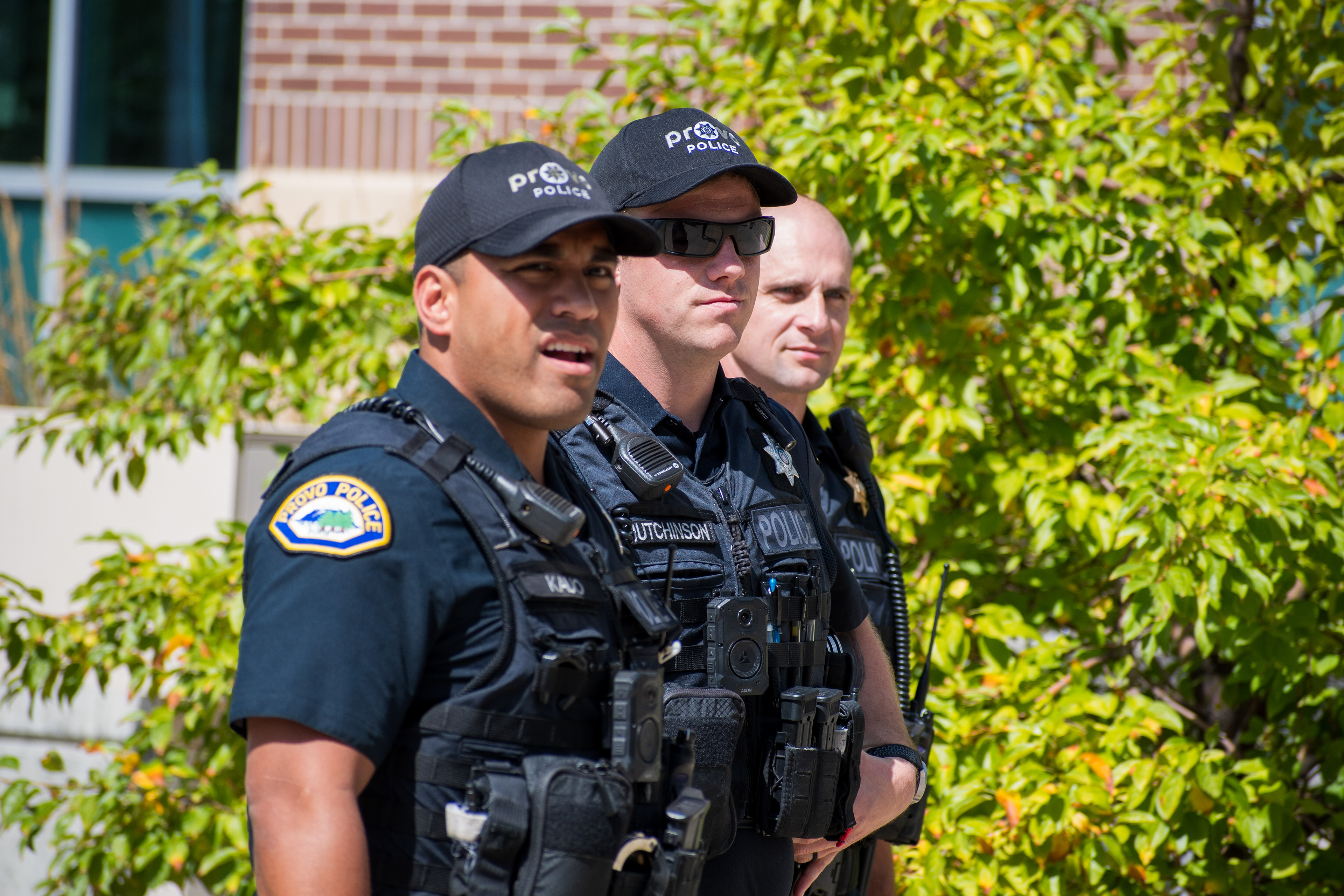 September 15, 2025 – Provo, Utah, United States: Three Provo Police Department officers stand outside the Utah Valley Convention Center during a Department of Homeland Security career expo focused on recruiting law enforcement and security personnel. Photograph by Charles‑McClintock Wilson / ZUMA Press Wire