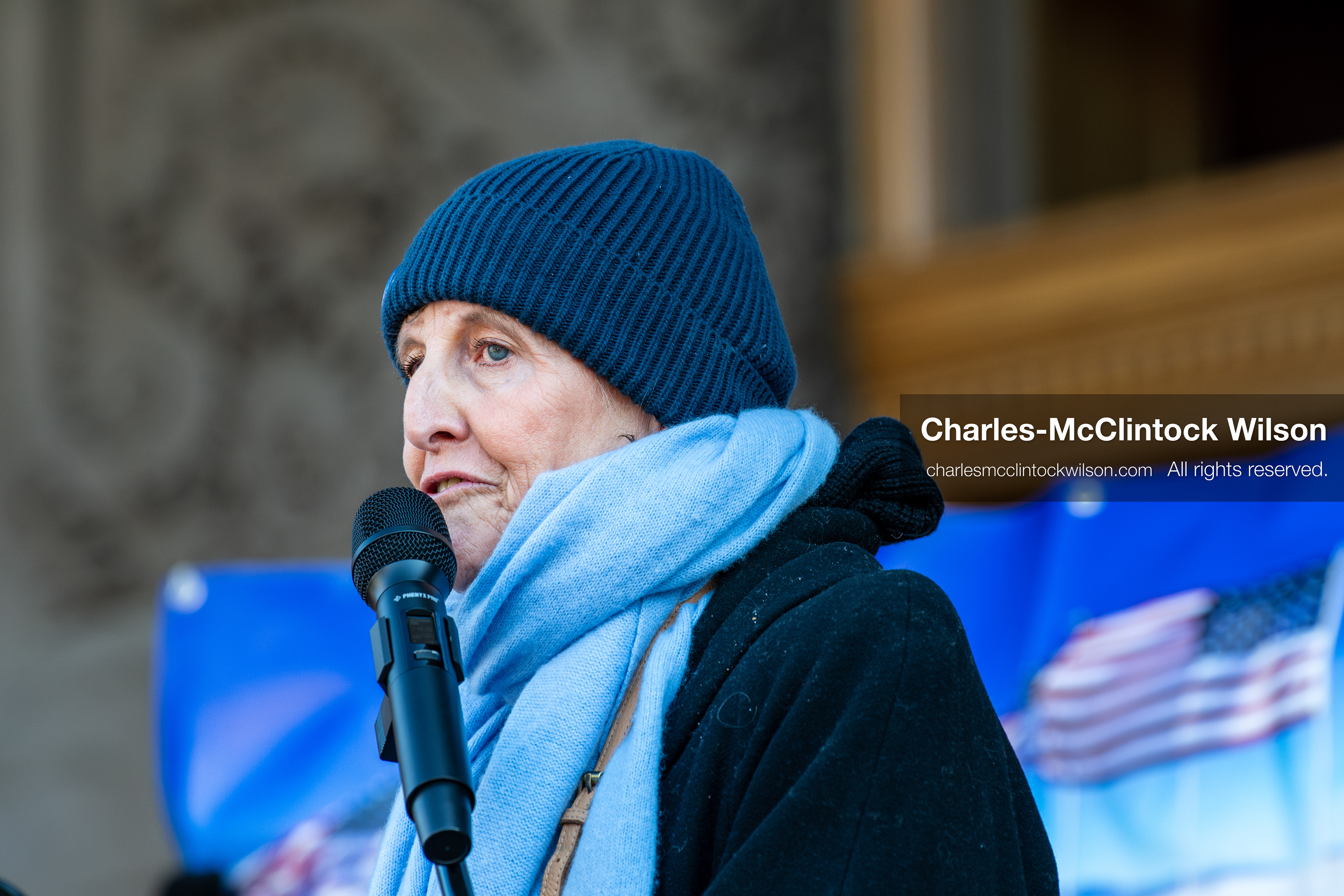 Salt Lake City, Utah, January 10, 2026: Sarah Buck, leader and key organizer for Salt Lake Indivisible, speaks during the ICE Out for Good protest at Washington Square Park, a demonstration calling for justice for Renee Nicole Good. Salt Lake Indivisible is a local grassroots organization that opposes policies of the Trump administration and advocates for democratic protections. (Credit Image: © Charles‑McClintock Wilson/ZUMA Press Wire)