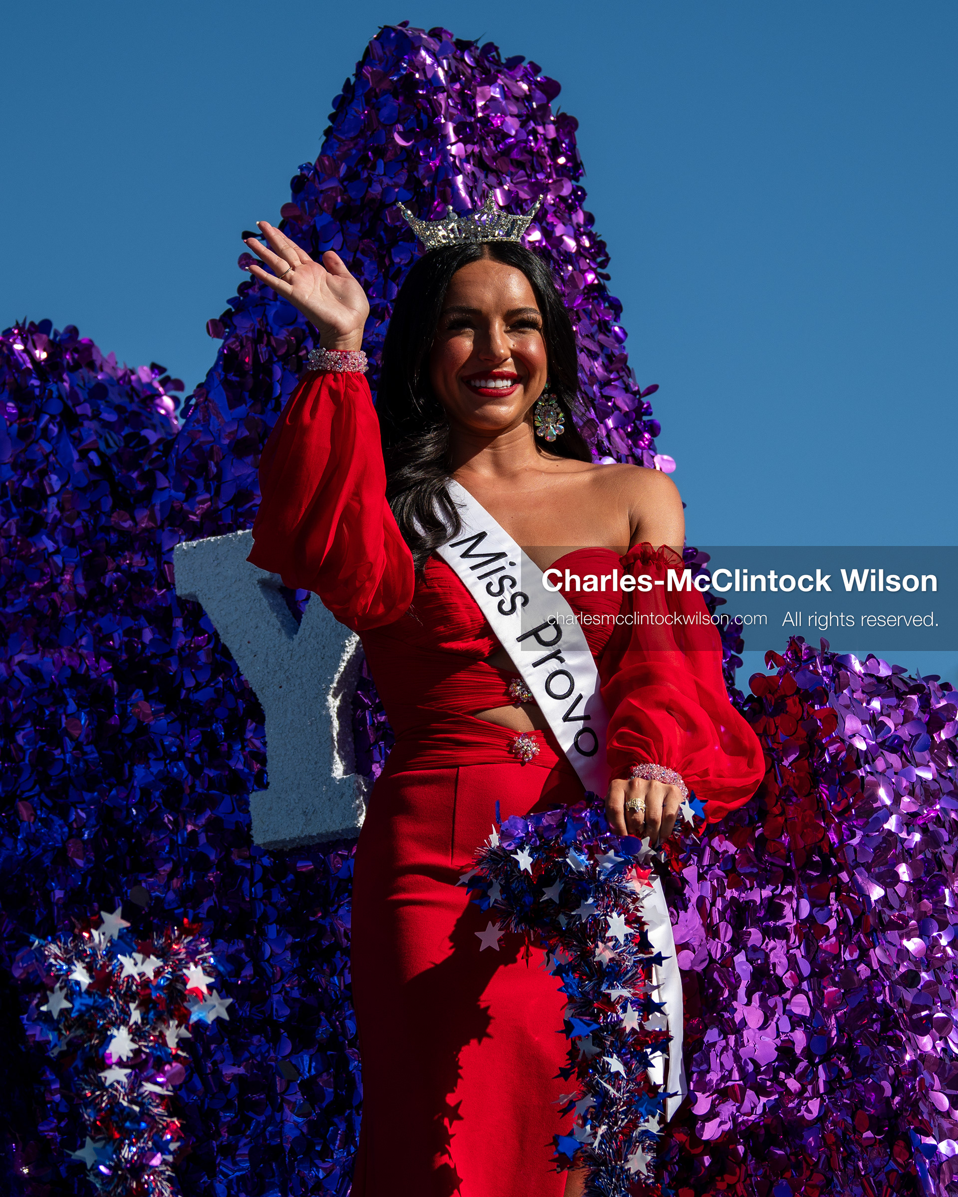 July 4, 2026, Provo, Utah, USA: Miss Provo waves to spectators from a purple tinsel-decorated parade float during America's Freedom Festival Grand Parade in Provo, Utah, Saturday, July 4, 2026. The annual Independence Day event features expanded programming to honor the 250th anniversary of United States independence. (Credit Image: © Charles-McClintock Wilson/ZUMA Press Wire)