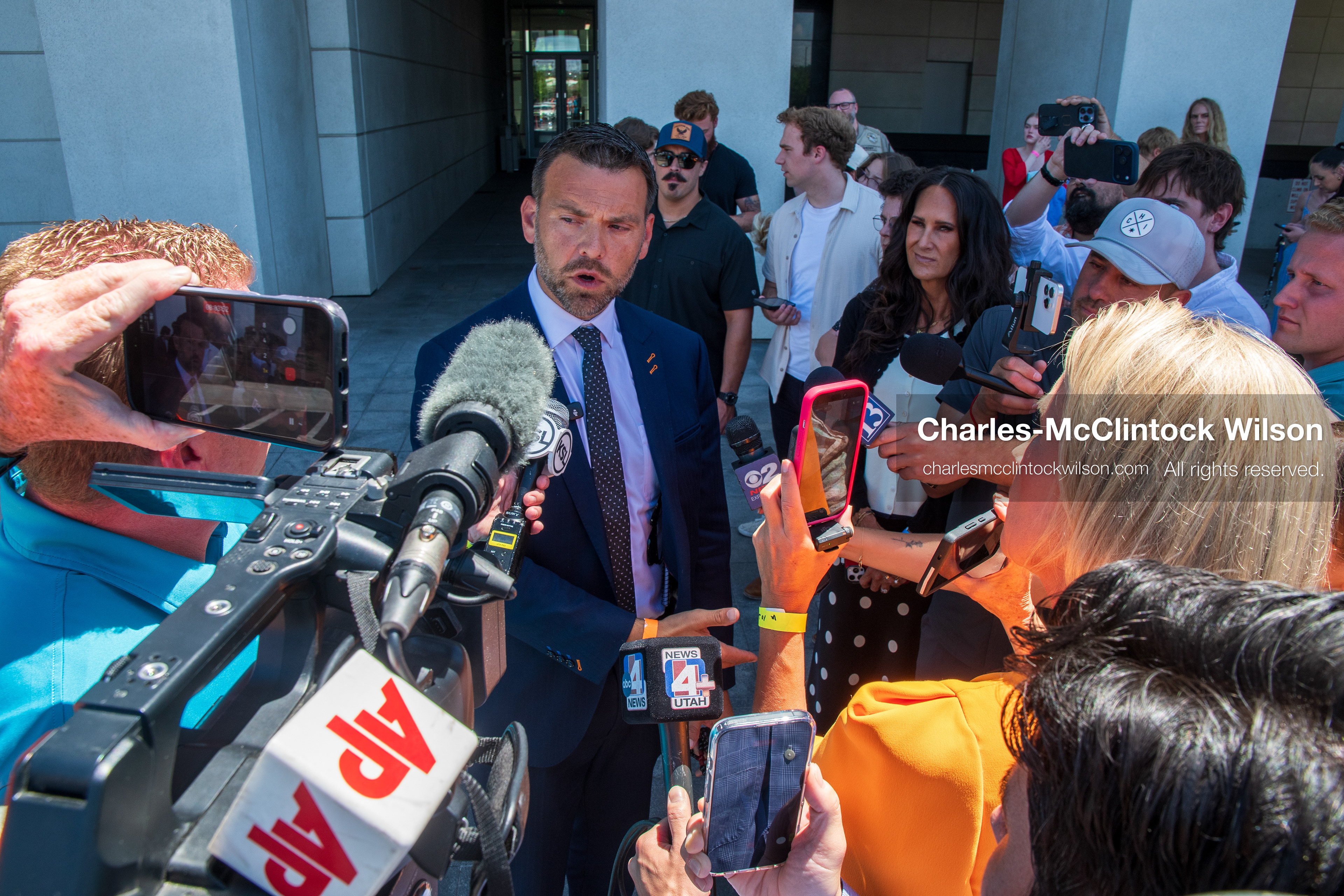  July 10, 2026, Provo, Utah, USA: JACK POSOBIEC speaks to members of the media outside the Fourth District Court in Provo, Utah, on the final day of the preliminary hearing in the Tyler Robinson case. (Credit Image: © Charles-McClintock Wilson/ZUMA Press Wire)