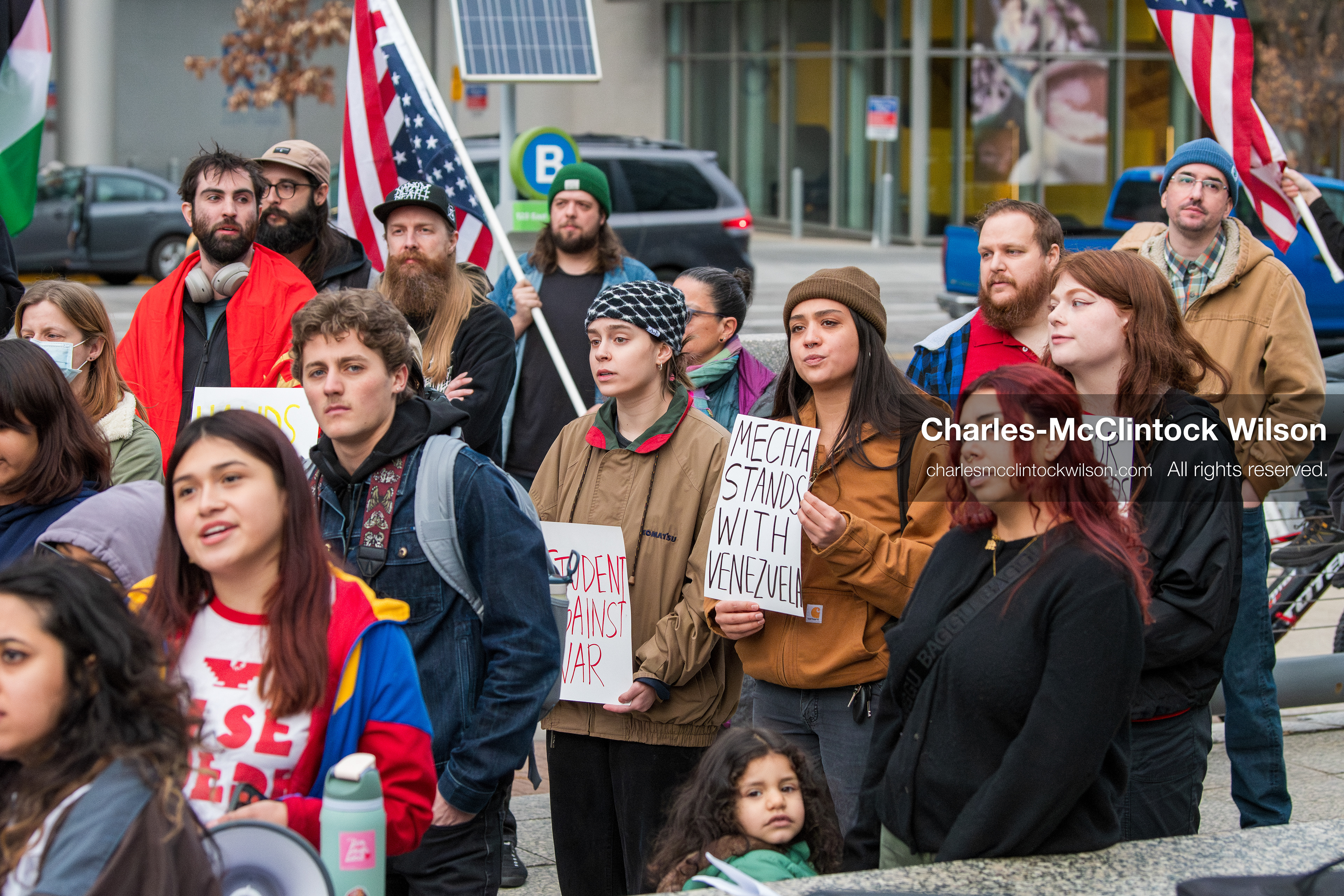 January 3, 2026, Salt Lake City, Utah, USA: Protesters hold signs during an emergency demonstration against US action in Venezuela outside the Wallace Federal Building in Salt Lake City, Utah. The event was part of a nationwide mobilization responding to recent military developments. (Credit Image: (c) Charles‑McClintock Wilson/ZUMA Press Wire)