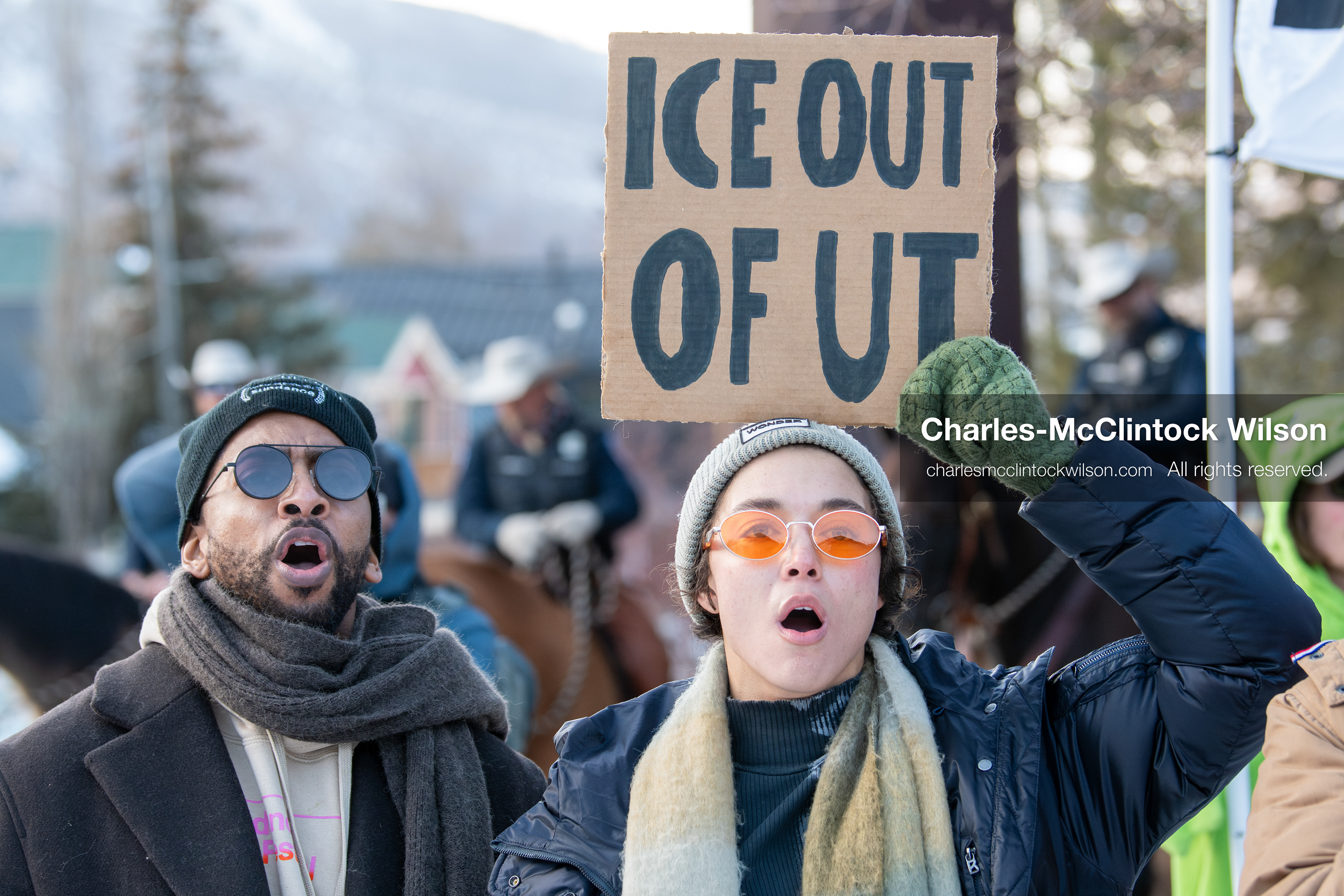 January 26, 2026, Park City, Utah, USA: A demonstrator holds a sign during a protest opposing U.S. Immigration and Customs Enforcement (I.C.E.) ICE agents at Miner's Park on Main Street during the Sundance Film Festival in Park City, Utah, on Monday, Jan. 26, 2026. The event was held in response to the fatal shooting of Alex Pretti by a U.S. Border Patrol officer in Minneapolis. (Credit Image: © Charles McClintock Wilson/ZUMA Press Wire)