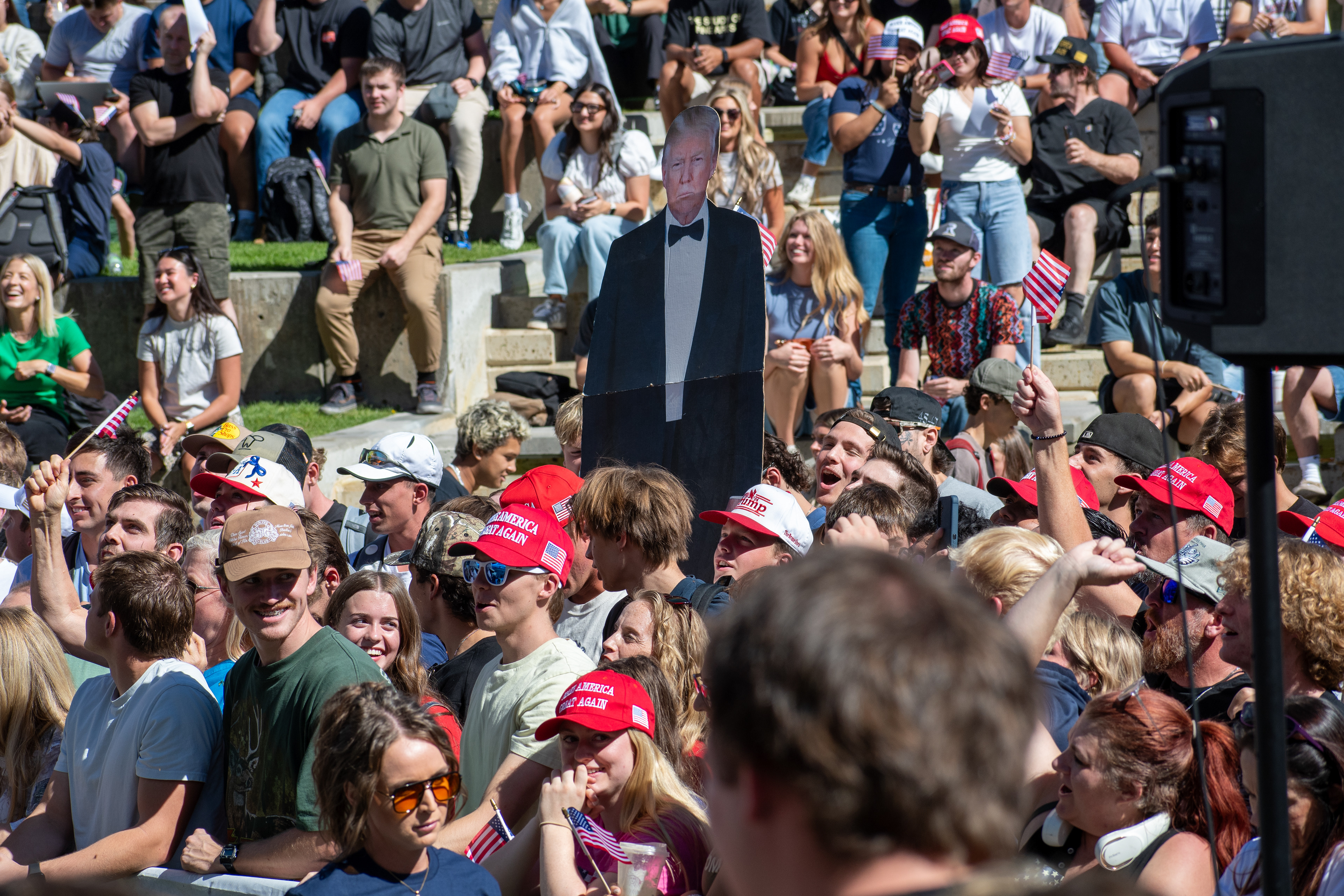 OREM, UTAH – SEPTEMBER 10, 2025: Attendees gather in close formation at Utah Valley University for the opening stop of the American Comeback Tour. The image captures a moment of shared anticipation and civic presence, reflecting the energy, emotion, and communal engagement that defined the event’s intended spirit. © Charles-McClintock Wilson / ZUMA Press