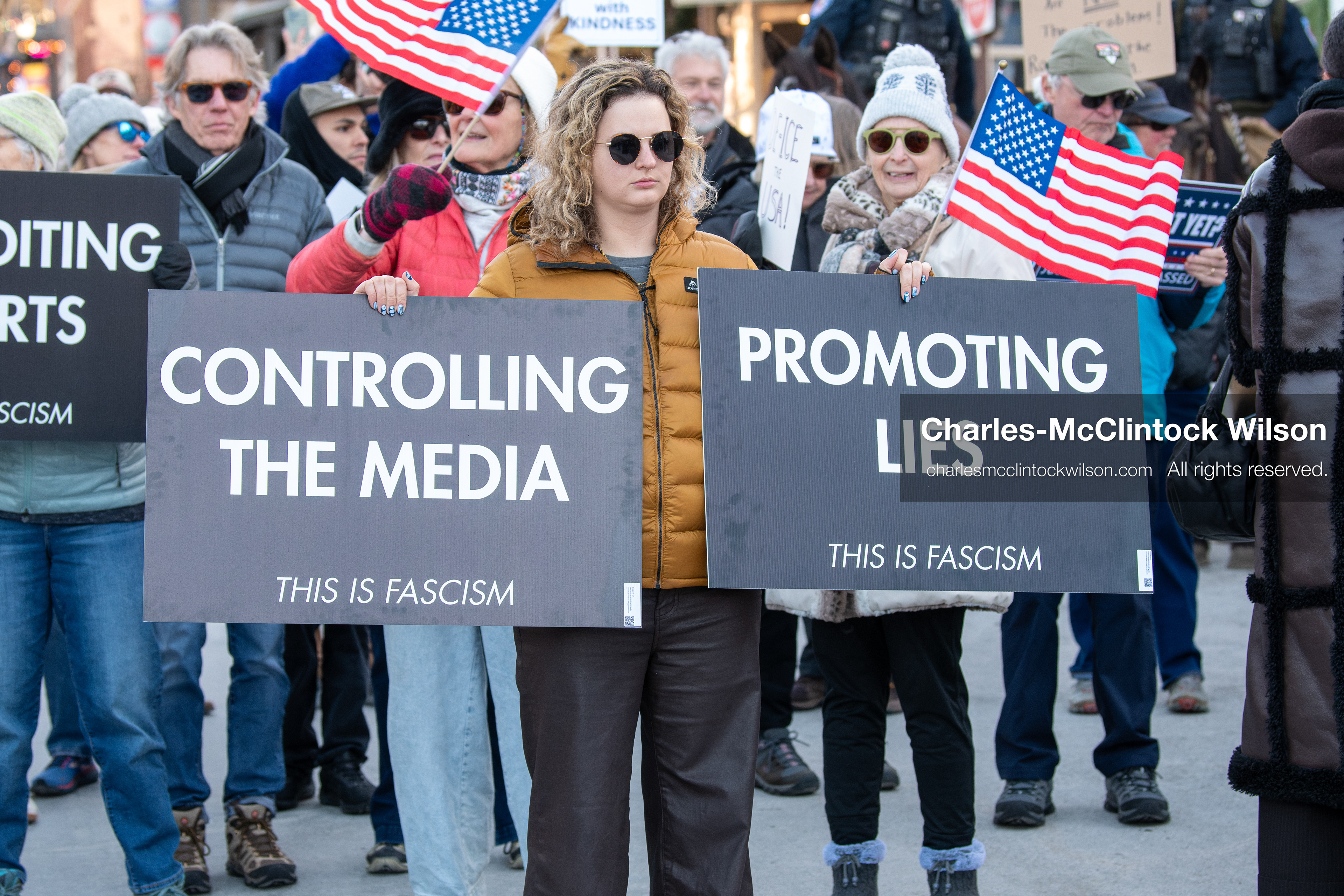 January 26, 2026, Park City, Utah, USA: Demonstrators gather on Main Street holding signs and American flags during a protest opposing U.S. Immigration and Customs Enforcement (I.C.E.) ICE agents at the Sundance Film Festival in Park City, Utah, on Monday, Jan. 26, 2026. The event was held in response to the fatal shooting of Alex Pretti by a U.S. Border Patrol officer in Minneapolis. (Credit Image: © Charles McClintock Wilson/ZUMA Press Wire)