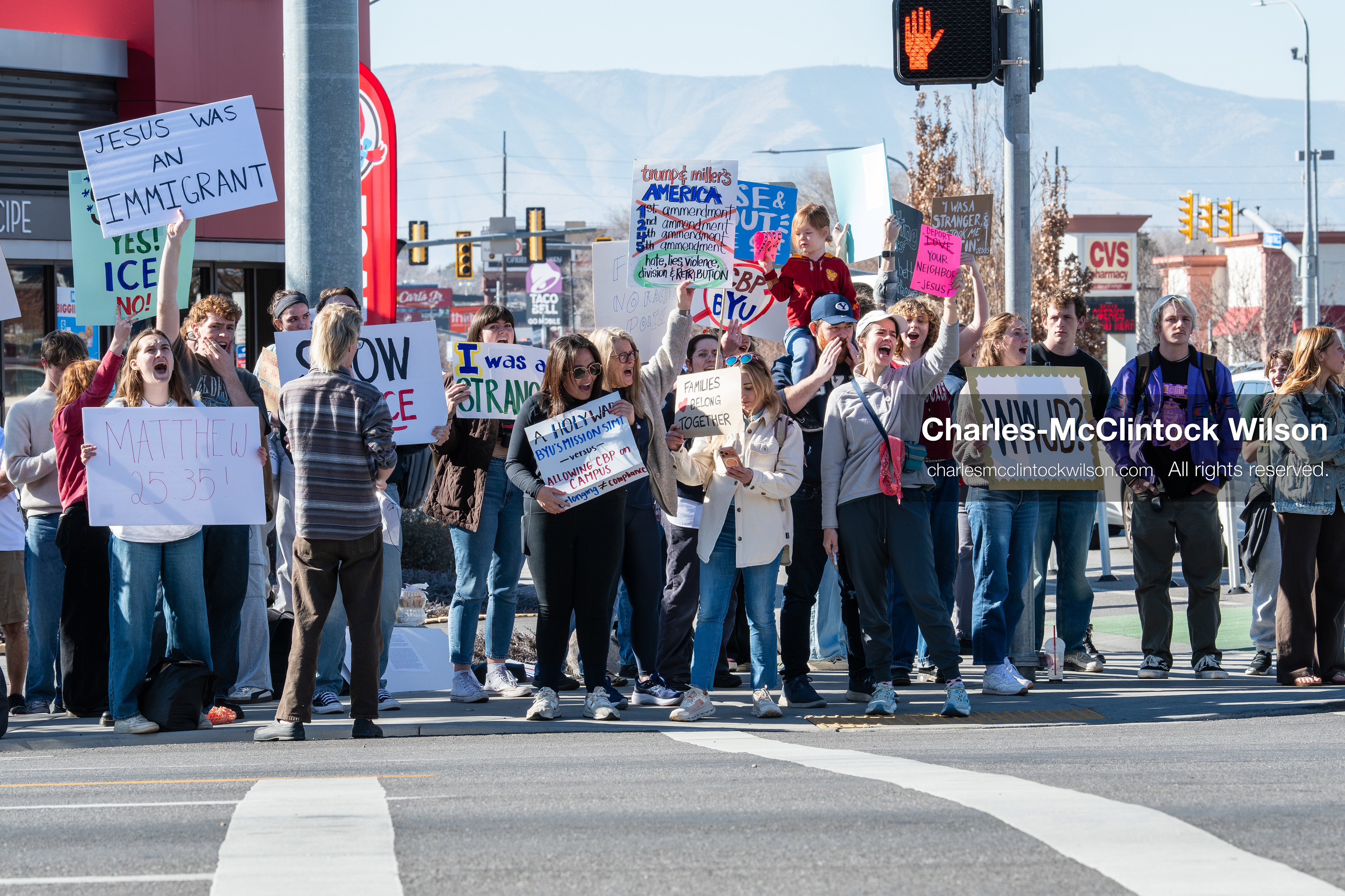 February 5, 2026, Provo, Utah, USA: Students and community members gather near Brigham Young University in Provo to demonstrate against the presence of US Customs and Border Protection recruiters at a career fair held on the BYU campus. (Credit Image: © Charles McClintock Wilson/ZUMA Press Wire)
