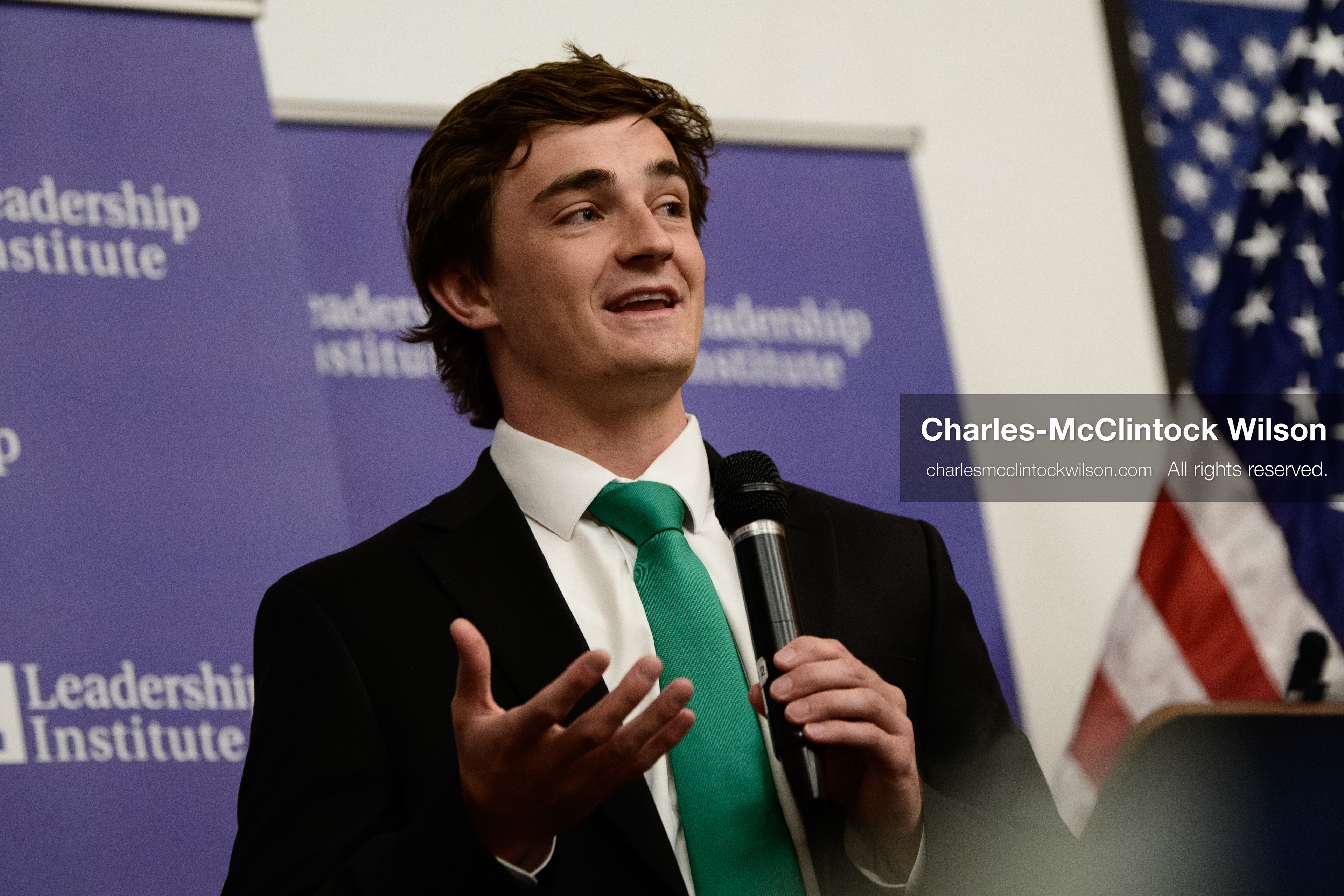 Salt Lake City, Utah, USA — US YouTuber Nick Shirley speaks during a “Learing Tour” event organized by the Utah Federation of College Republicans at the University of Utah, April 10, 2026. (Credit Image: © Charles-McClintock Wilson/ZUMA Press Wire)