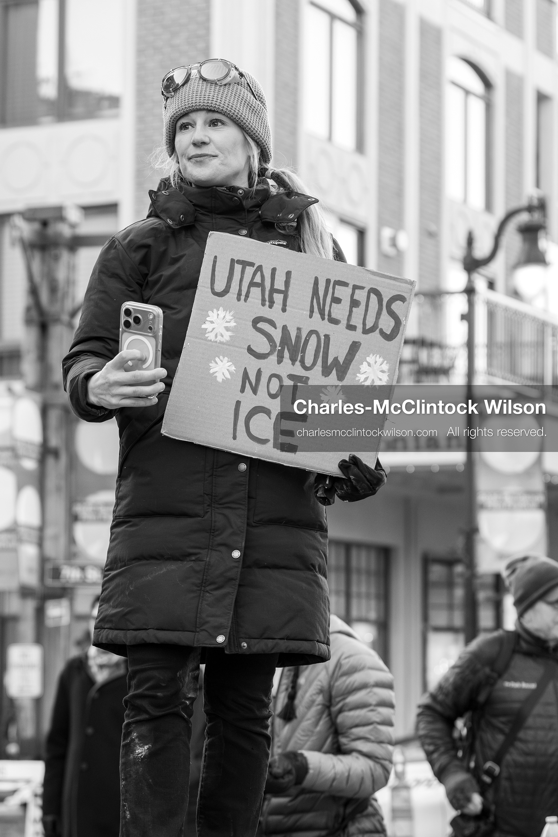 January 26, 2026, Park City, Utah, USA: CAROLINE GLEICH, a professional ski mountaineer, endurance athlete, and activist who was the Democratic nominee for the 2024 U.S. Senate election in Utah, holds a sign during a protest opposing U.S. Immigration and Customs Enforcement (I.C.E.) ICE agents at the Sundance Film Festival in Park City, Utah, on Monday, Jan. 26, 2026. The event was held in response to the fatal shooting of Alex Pretti by a U.S. Border Patrol officer in Minneapolis. (Credit Image: © Charles McClintock Wilson/ZUMA Press Wire)