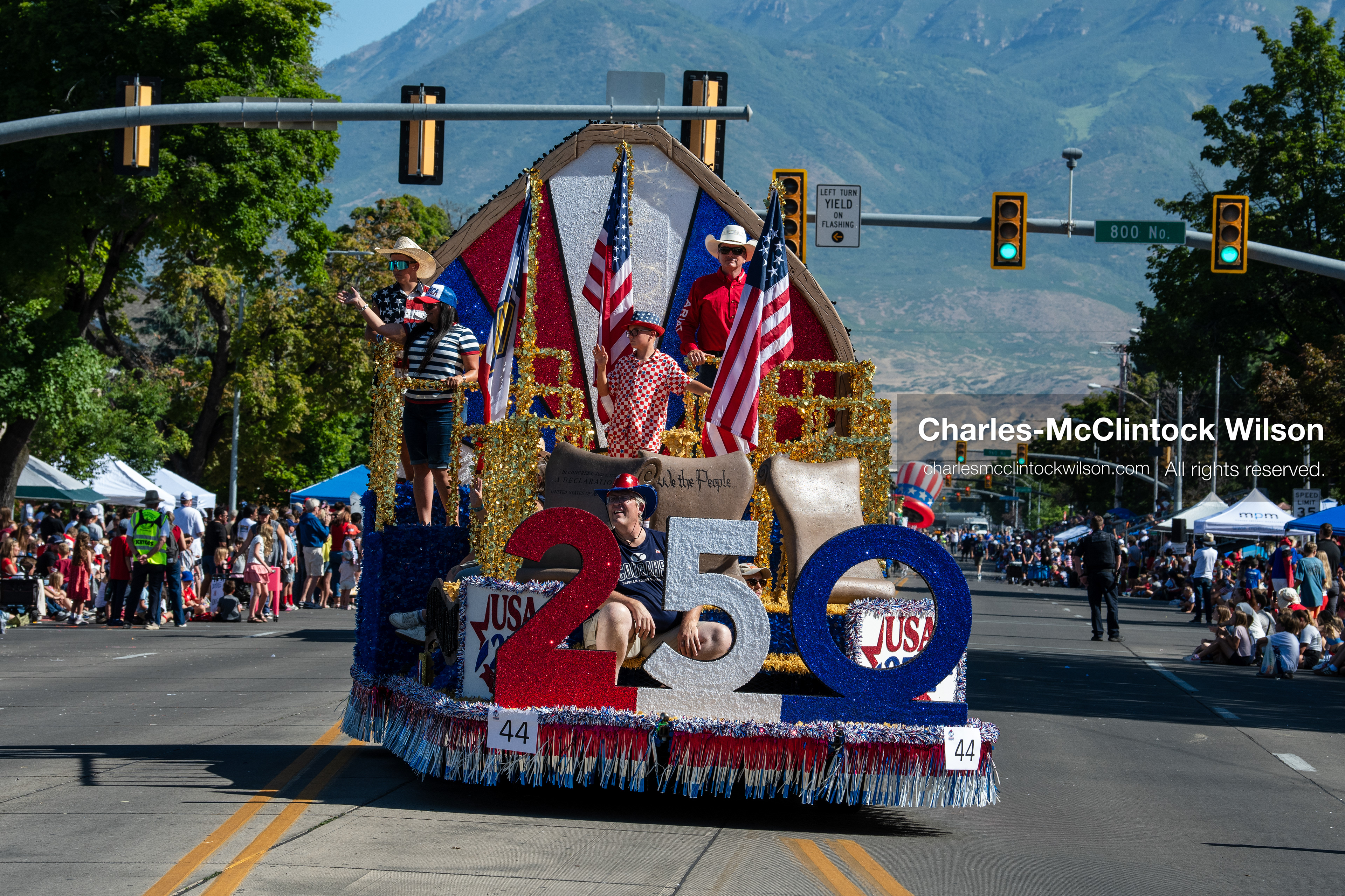 July 4, 2026, Provo, Utah, USA: A patriotic parade float featuring large red, white, and blue ''250'' lettering rolls down the street during America's Freedom Festival Grand Parade in Provo, Utah, Saturday, July 4, 2026. The annual Independence Day event features expanded programming to honor the 250th anniversary of United States independence. (Credit Image: © Charles-McClintock Wilson/ZUMA Press Wire)