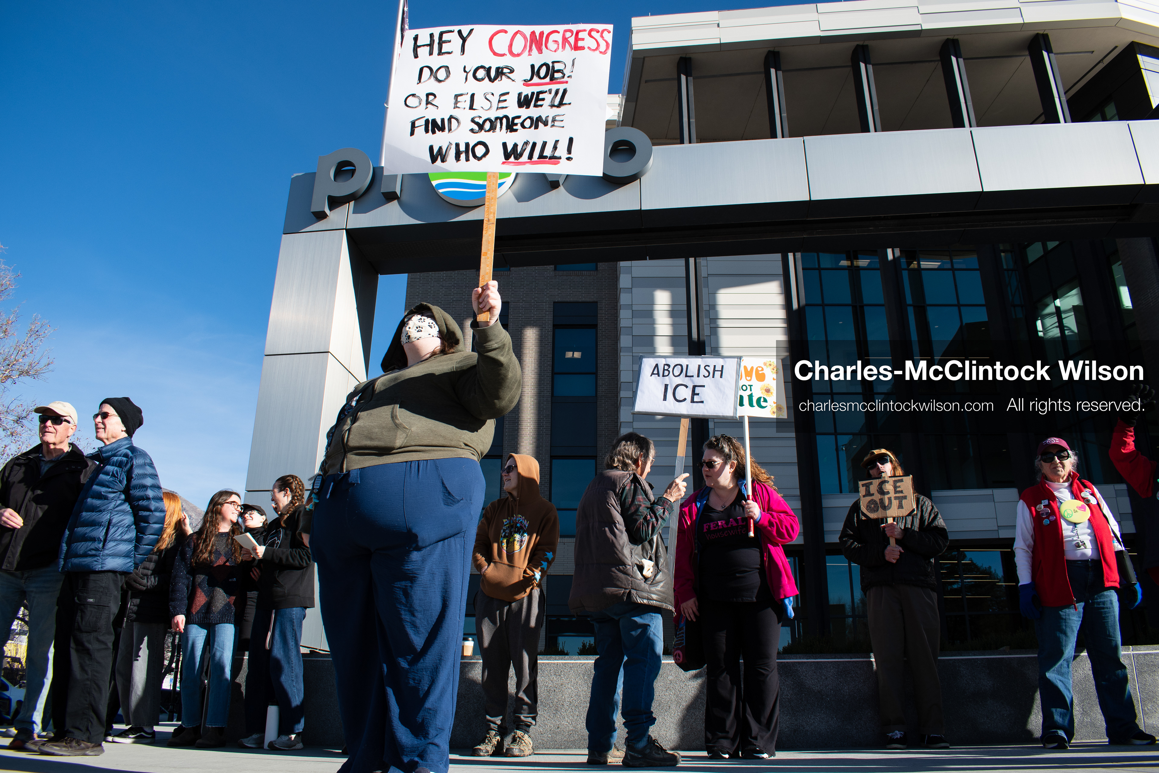 January 20, 2026, Provo, Utah, USA: Protesters gather outside Provo City Hall during the Free America Walkout protest in Provo, Utah, on January 20, 2026. Demonstrators held signs calling for justice, immigration reform, and an end to detention practices. (Credit Image: © Charles-McClintock Wilson/ZUMA Press Wire)