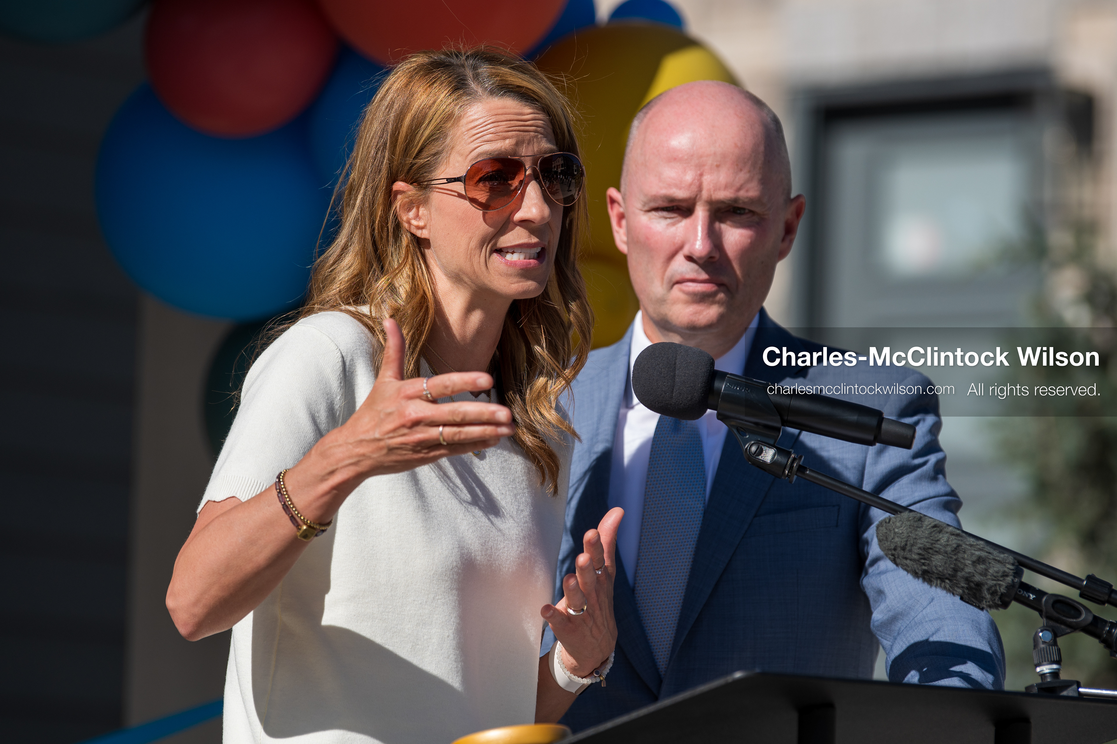 May 28, 2026, Lehi, Utah, USA: Utah First Lady ABBY COX speaks as Governor SPENCER COX looks on during the opening of Innovation Park at Holbrook Farms and the Lehi Rippy Literacy Center on May 28, 2026, in Lehi, Utah. (Credit Image: © Charles‑McClintock Wilson/ZUMA Press Wire)