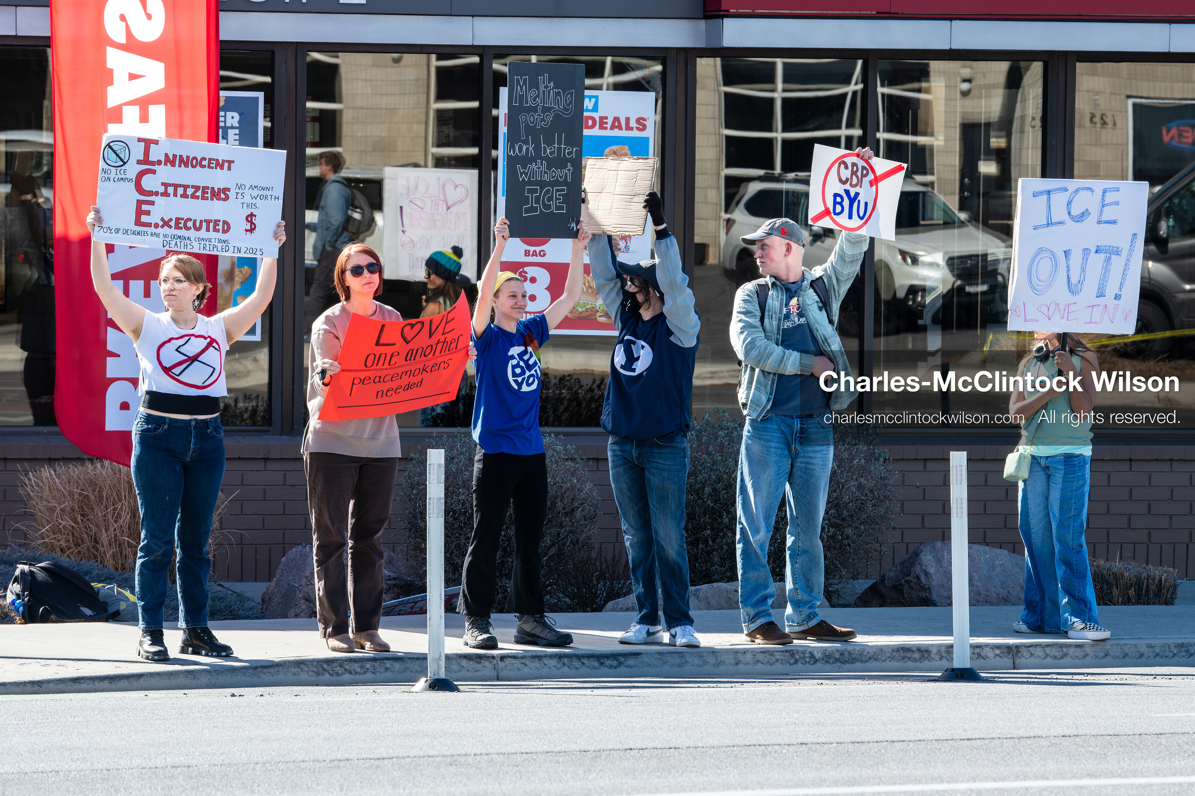 February 5, 2026, Provo, Utah, USA: Students and community members gather near Brigham Young University in Provo to demonstrate against the presence of US Customs and Border Protection recruiters at a career fair held on the BYU campus. (Credit Image: © Charles McClintock Wilson/ZUMA Press Wire)