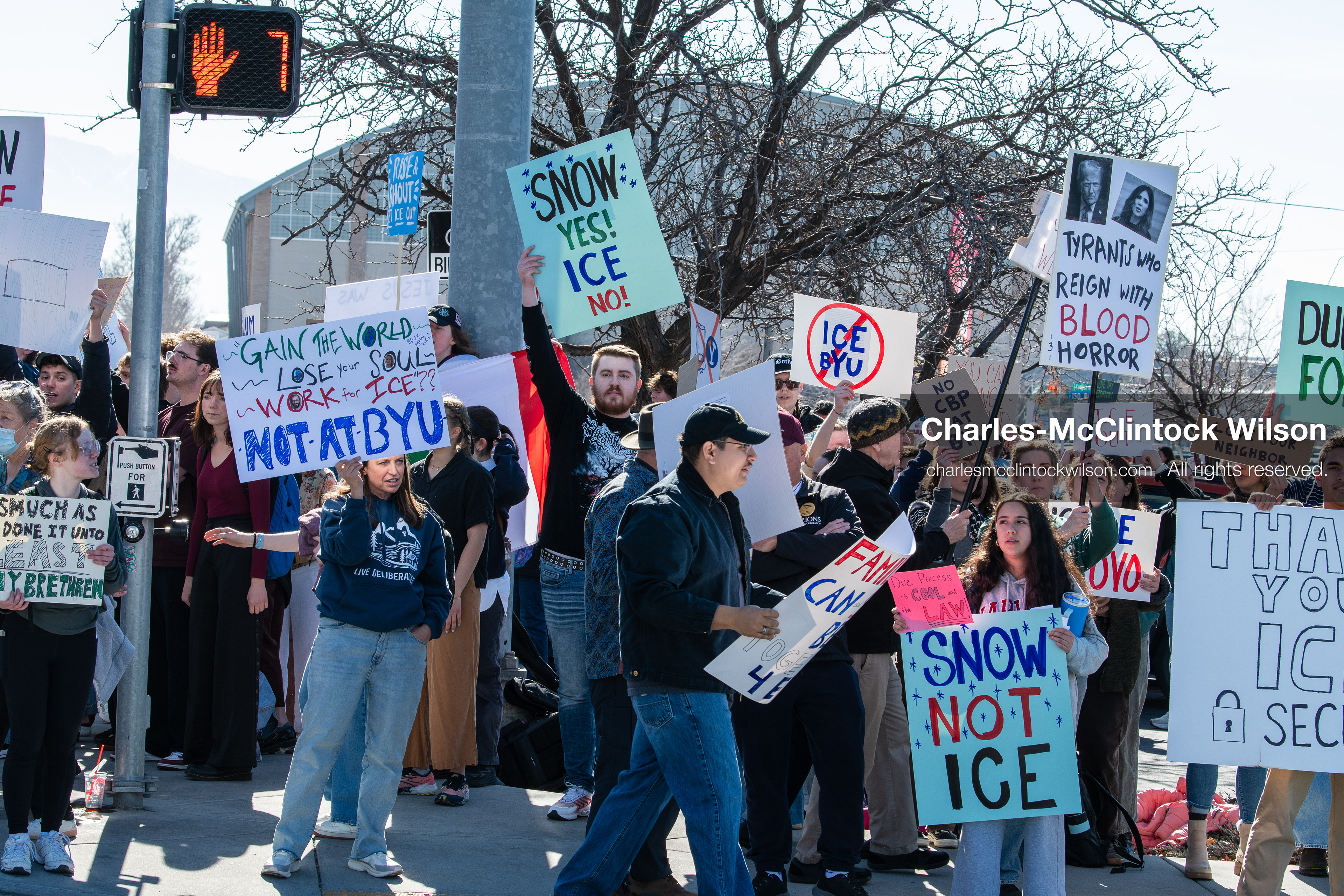 February 5, 2026, Provo, Utah, USA: Students and community members gather near Brigham Young University in Provo to demonstrate against the presence of US Customs and Border Protection recruiters at a career fair held on the BYU campus. (Credit Image: © Charles McClintock Wilson/ZUMA Press Wire)