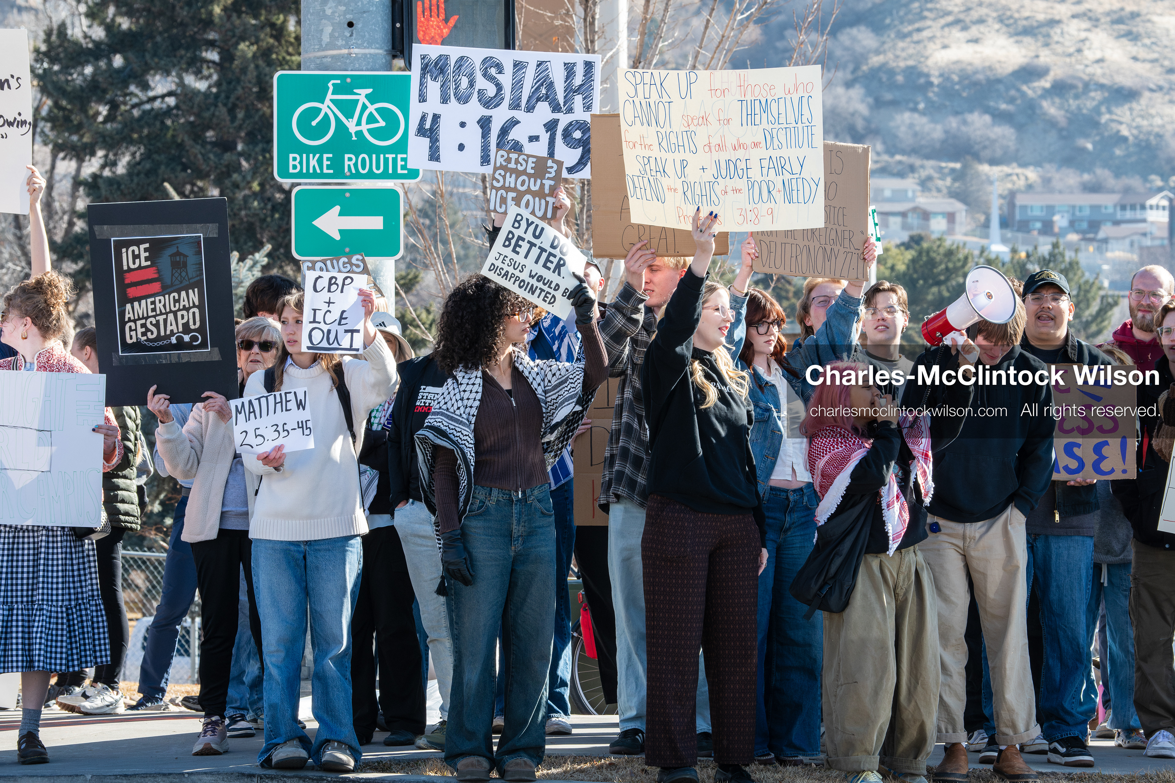 February 5, 2026, Provo, Utah, USA: Students and community members gather near Brigham Young University in Provo to demonstrate against the presence of US Customs and Border Protection recruiters at a career fair held on the BYU campus. (Credit Image: © Charles McClintock Wilson/ZUMA Press Wire)