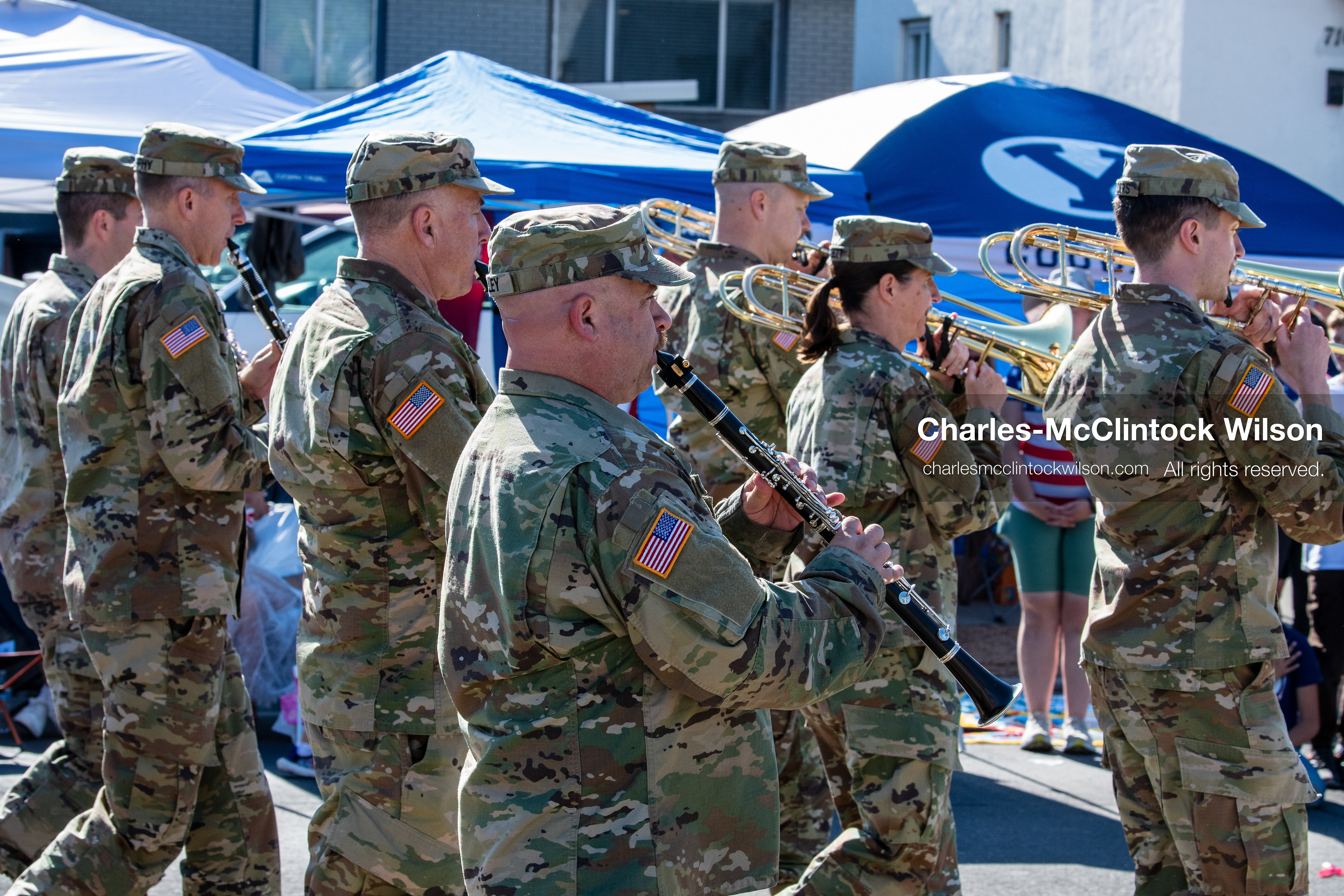 July 4, 2026, Provo, Utah, USA: Trombones in hand, members of the Utah National Guard military marching band play while in formation during America's Freedom Festival Grand Parade in Provo, Utah, Saturday, July 4, 2026. The annual Independence Day event features expanded programming to honor the 250th anniversary of United States independence. (Credit Image: © Charles-McClintock Wilson/ZUMA Press Wire)
