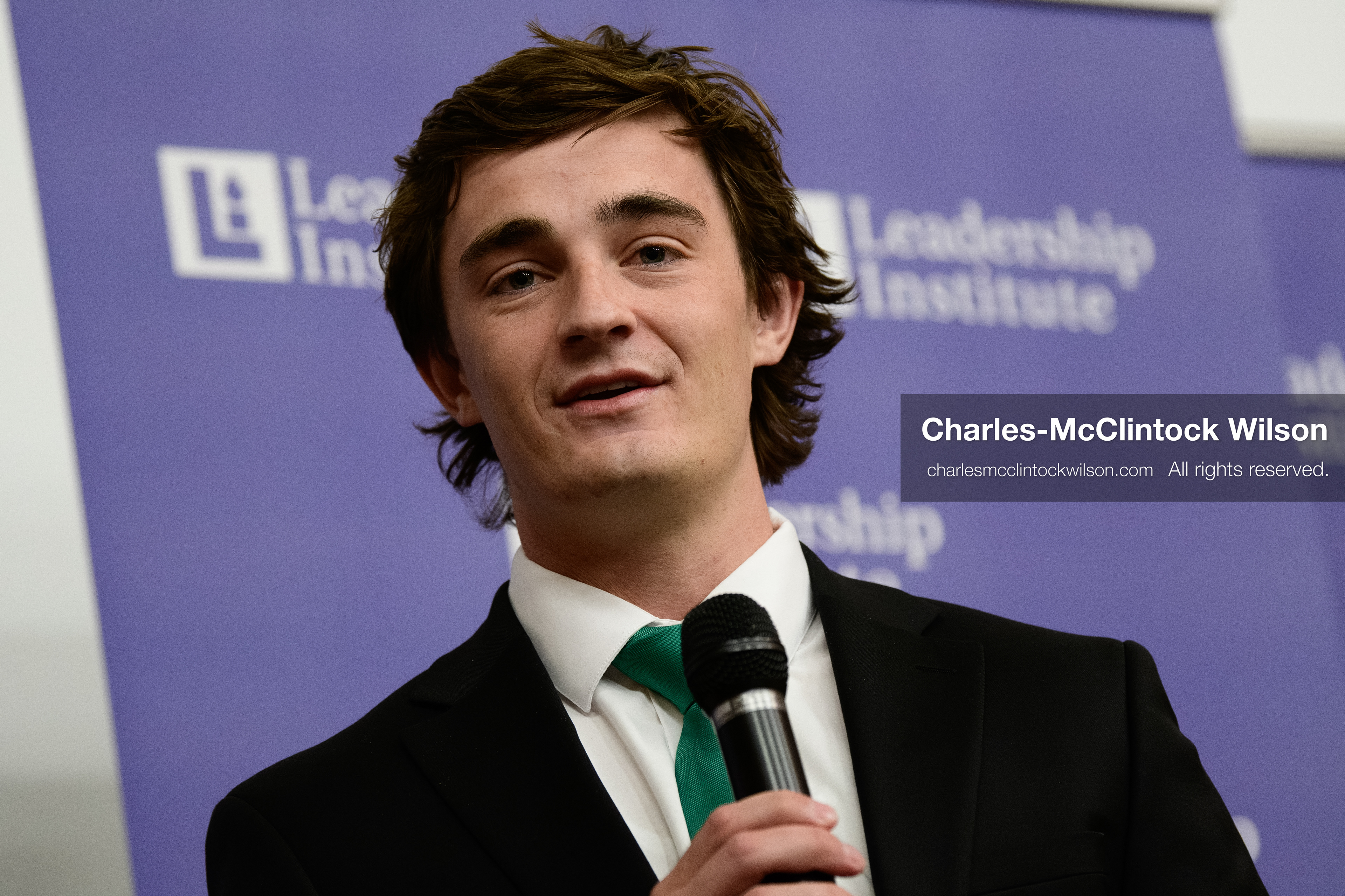 Salt Lake City, Utah, USA — US YouTuber Nick Shirley speaks during a “Learing Tour” event organized by the Utah Federation of College Republicans at the University of Utah, April 10, 2026. (Credit Image: © Charles-McClintock Wilson/ZUMA Press Wire)