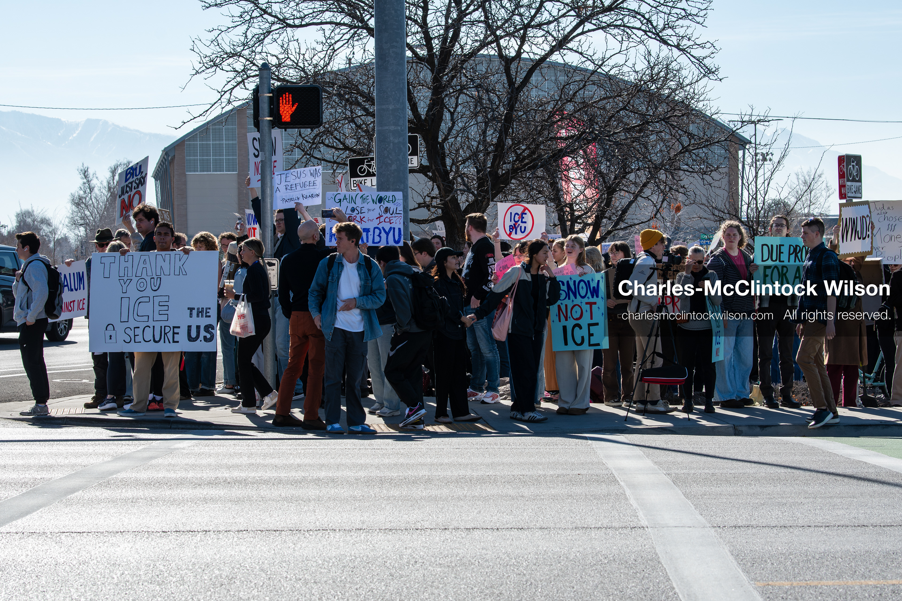 February 5, 2026, Provo, Utah, USA: Students and community members gather near Brigham Young University in Provo to demonstrate against the presence of US Customs and Border Protection recruiters at a career fair held on the BYU campus. (Credit Image: © Charles McClintock Wilson/ZUMA Press Wire)