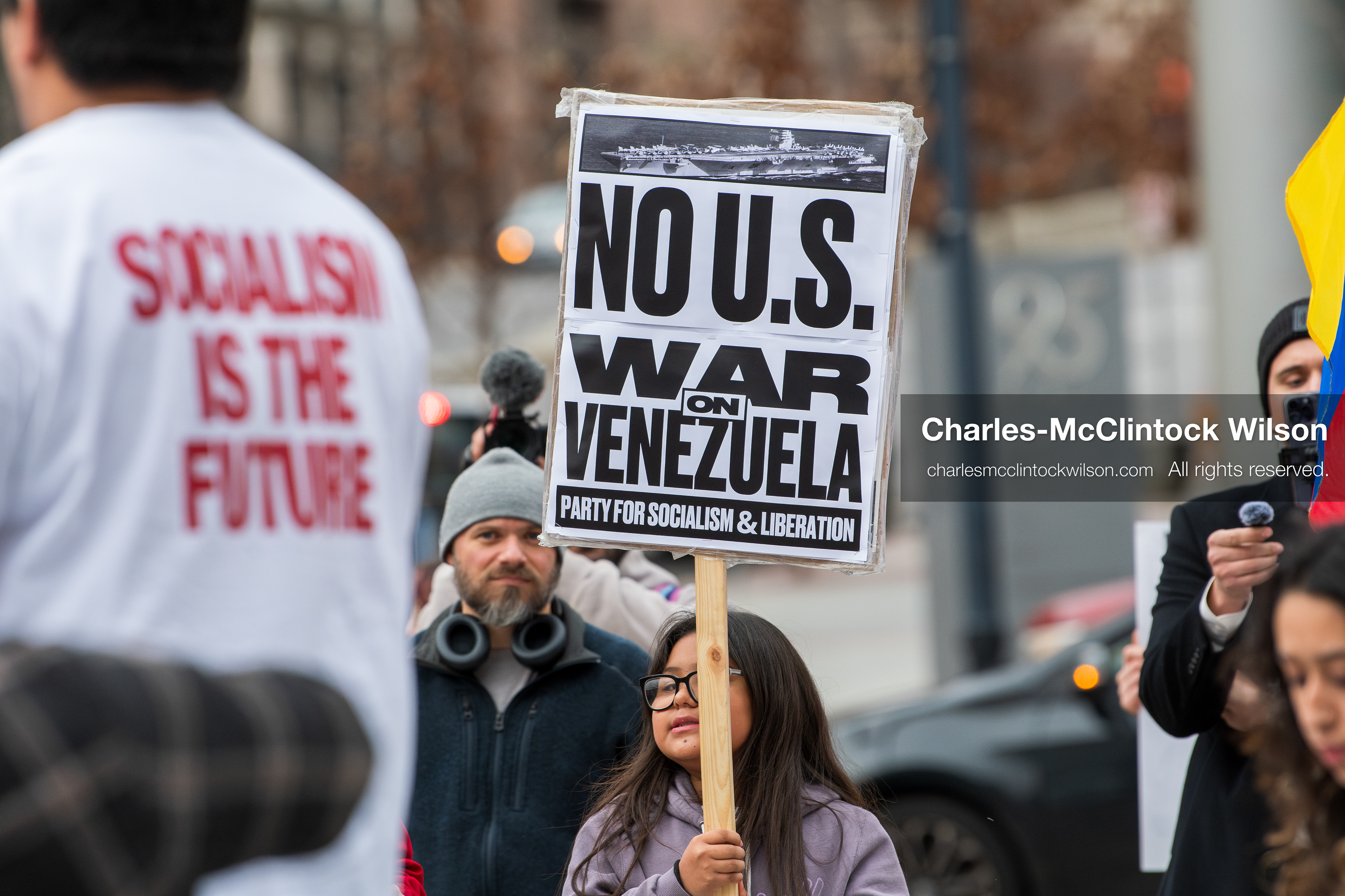 January 3, 2026, Salt Lake City, Utah, USA: A protester holds a sign during a demonstration against US action in Venezuela outside the Wallace Federal Building in Salt Lake City, Utah. The protest was part of a nationwide mobilization responding to recent military developments. (Credit Image: (c) Charles‑McClintock Wilson/ZUMA Press Wire)
