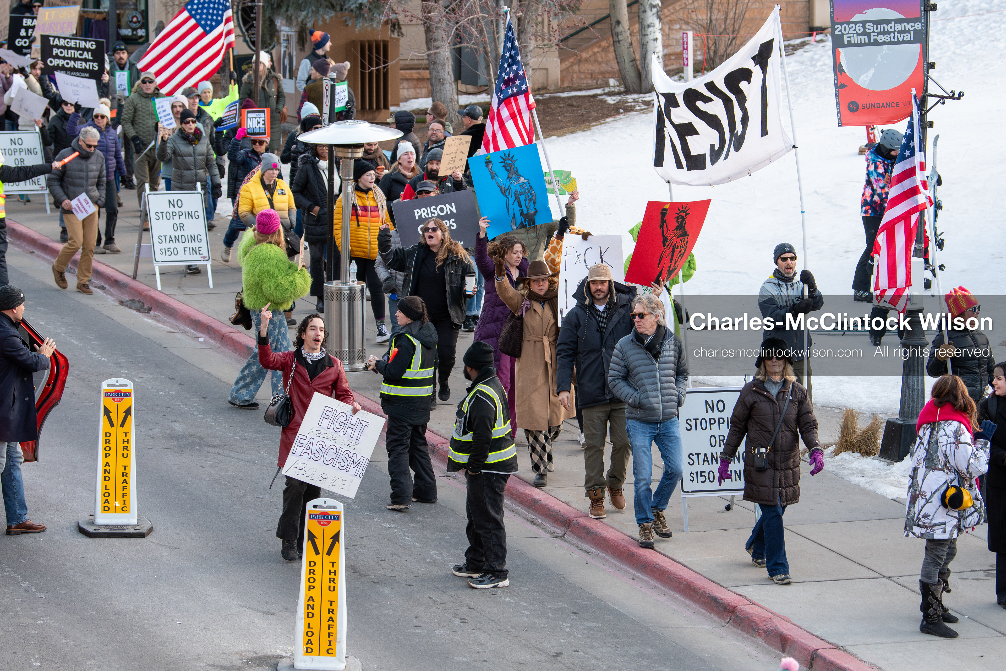 January 26, 2026, Park City, Utah, USA: Demonstrators march through Main Street holding signs during a protest opposing U.S. Immigration and Customs Enforcement (I.C.E.) ICE agents at the Sundance Film Festival in Park City, Utah, on Monday, Jan. 26, 2026. The event was held in response to the fatal shooting of Alex Pretti by a U.S. Border Patrol officer in Minneapolis. (Credit Image: © Charles McClintock Wilson/ZUMA Press Wire)