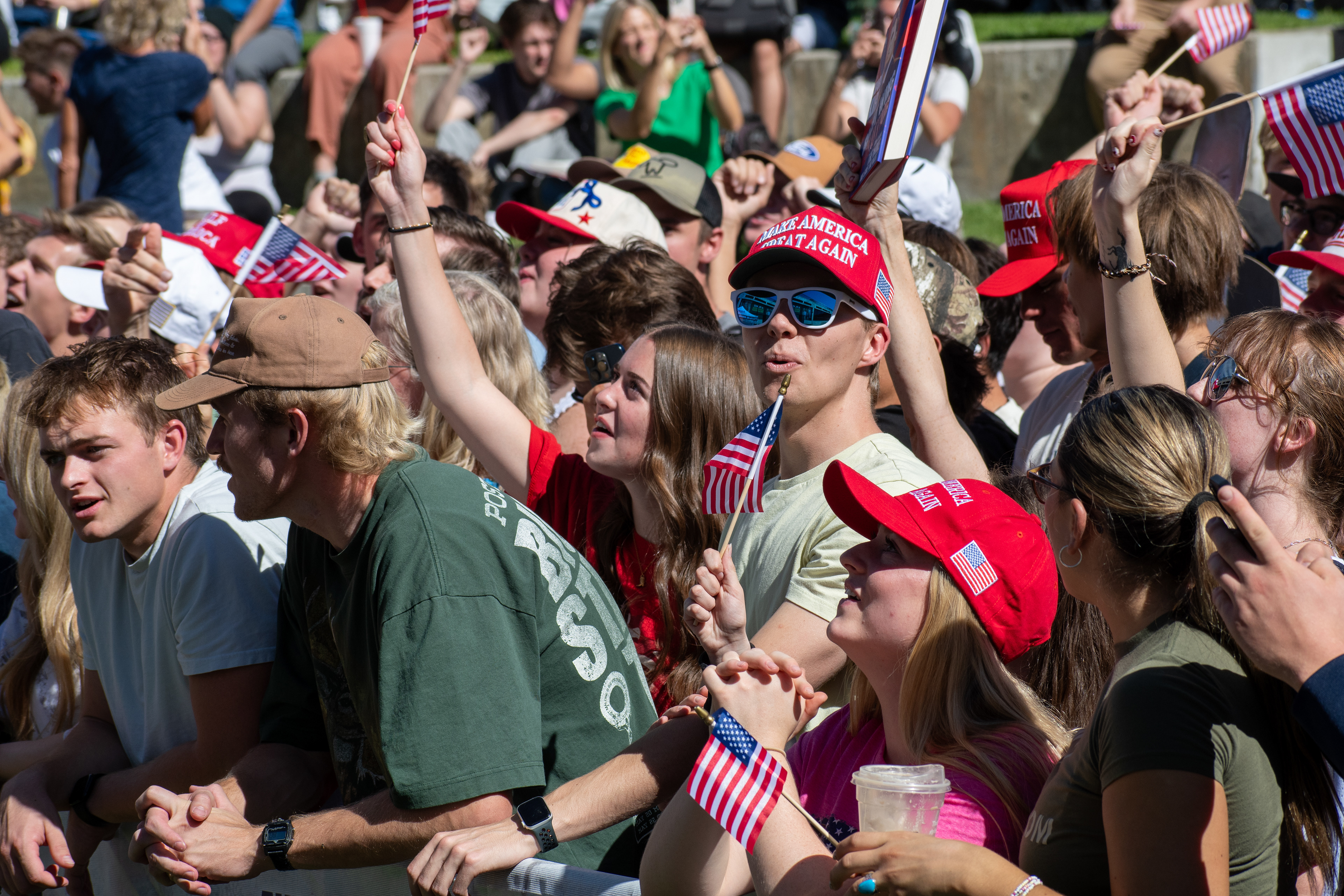  OREM, UTAH – SEPTEMBER 10, 2025: Attendees gather in close formation at Utah Valley University for the opening stop of the American Comeback Tour. The image captures a moment of shared anticipation and civic presence, reflecting the energy, emotion, and communal engagement that defined the event’s intended spirit. © Charles-McClintock Wilson / ZUMA Press