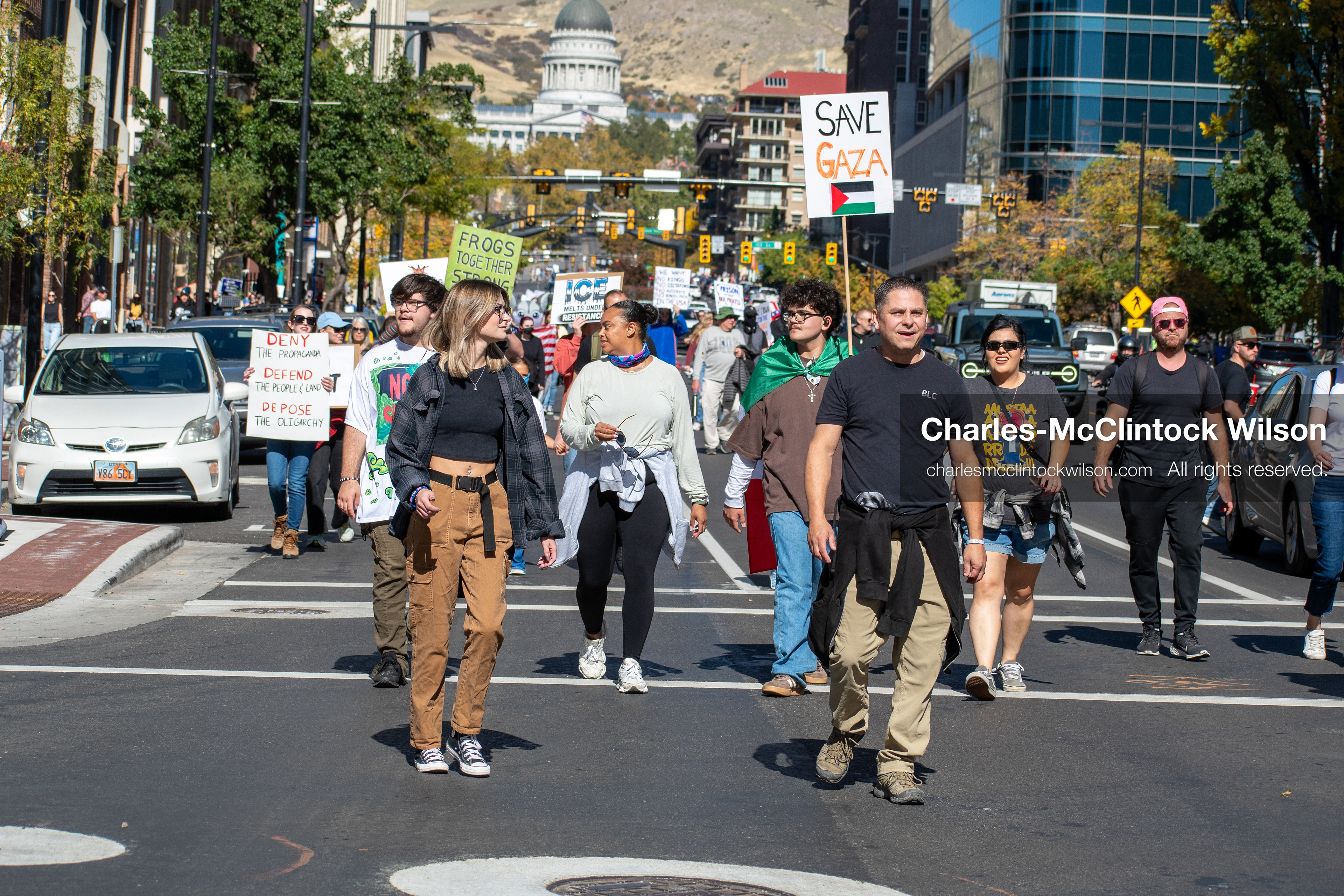 October 18, 2025, Salt Lake City, Utah, USA: Demonstrators march along South State Street during a "No Kings" protest in Salt Lake City, Utah. The protest was part of a nationwide mobilization.