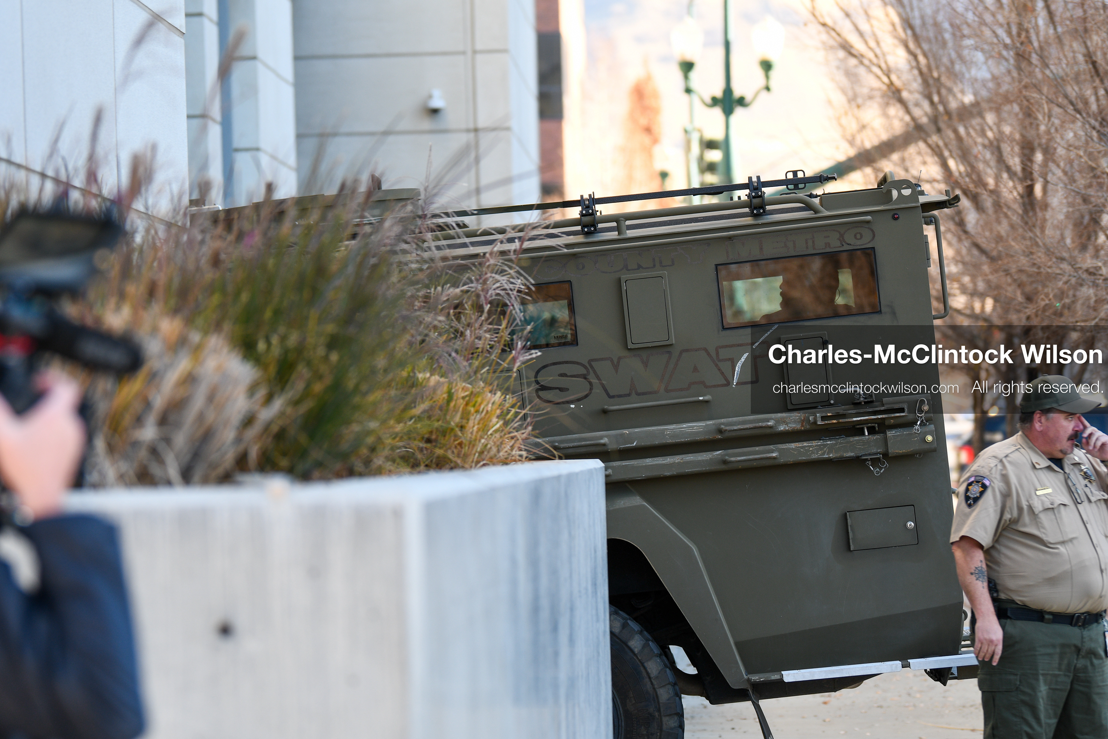 PROVO, UTAH, USA – DECEMBER 11, 2025: An armored vehicle marked SWAT arrives outside the Fourth District Court in Provo, Utah, transporting Tyler Robinson for his first in‑person court appearance in the Charlie Kirk murder case. (Credit Image: © Charles‑McClintock Wilson/ZUMA Press Wire)