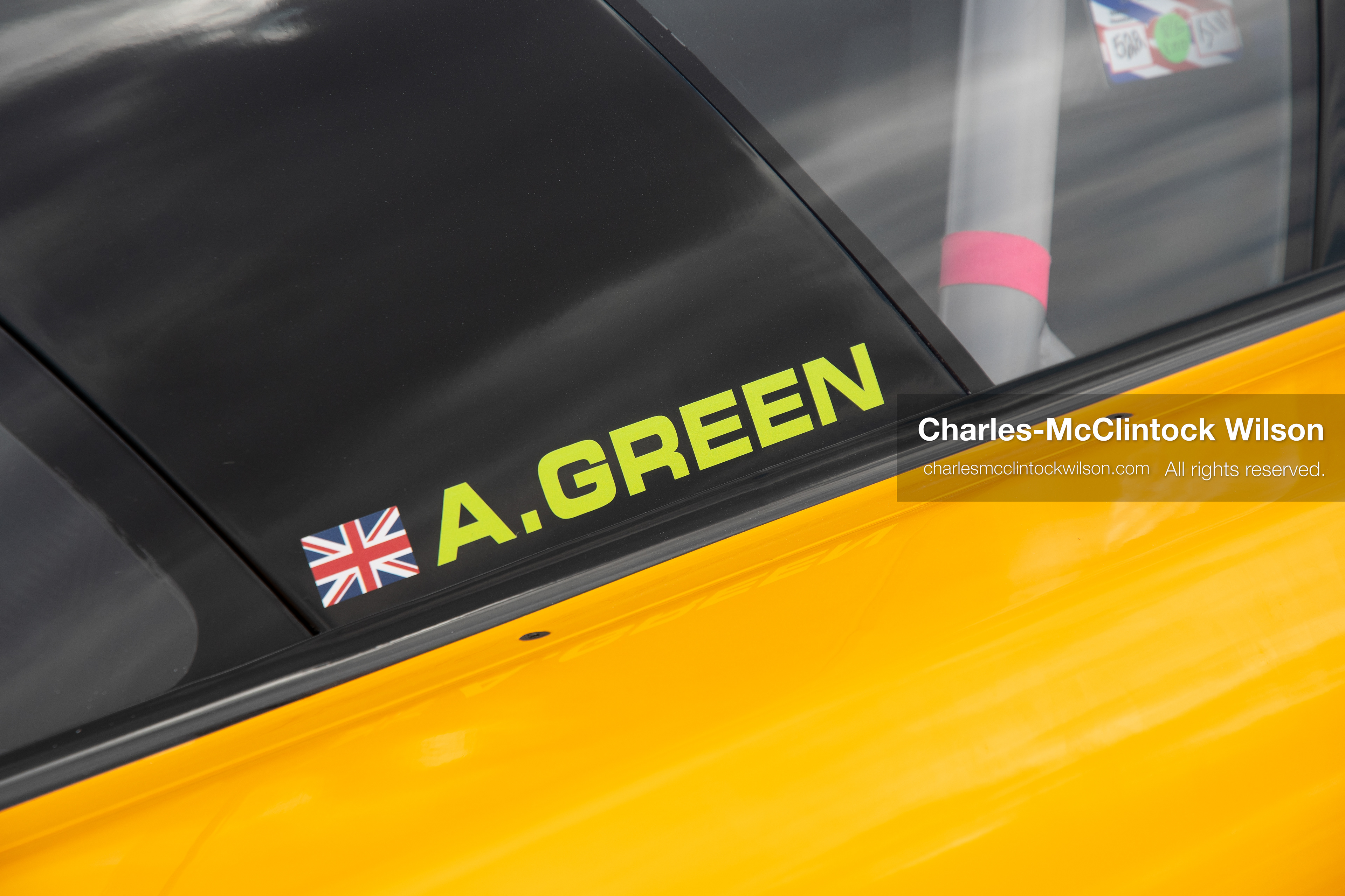  August 11, 2026, Wendover, Utah, USA: A close-up shot shows a name decal reading ''A. GREEN'' alongside the British Union Jack flag graphics affixed beneath the cockpit window of the hydrogen-powered ''JCB Hydromax'' streamliner on the Bonneville Salt Flats on Tuesday. Driven by British pilot Andy Green, the vehicle achieved a record speed of 406.320 mph. (Credit Image: © Charles McClintock Wilson/ZUMA Press Wire)