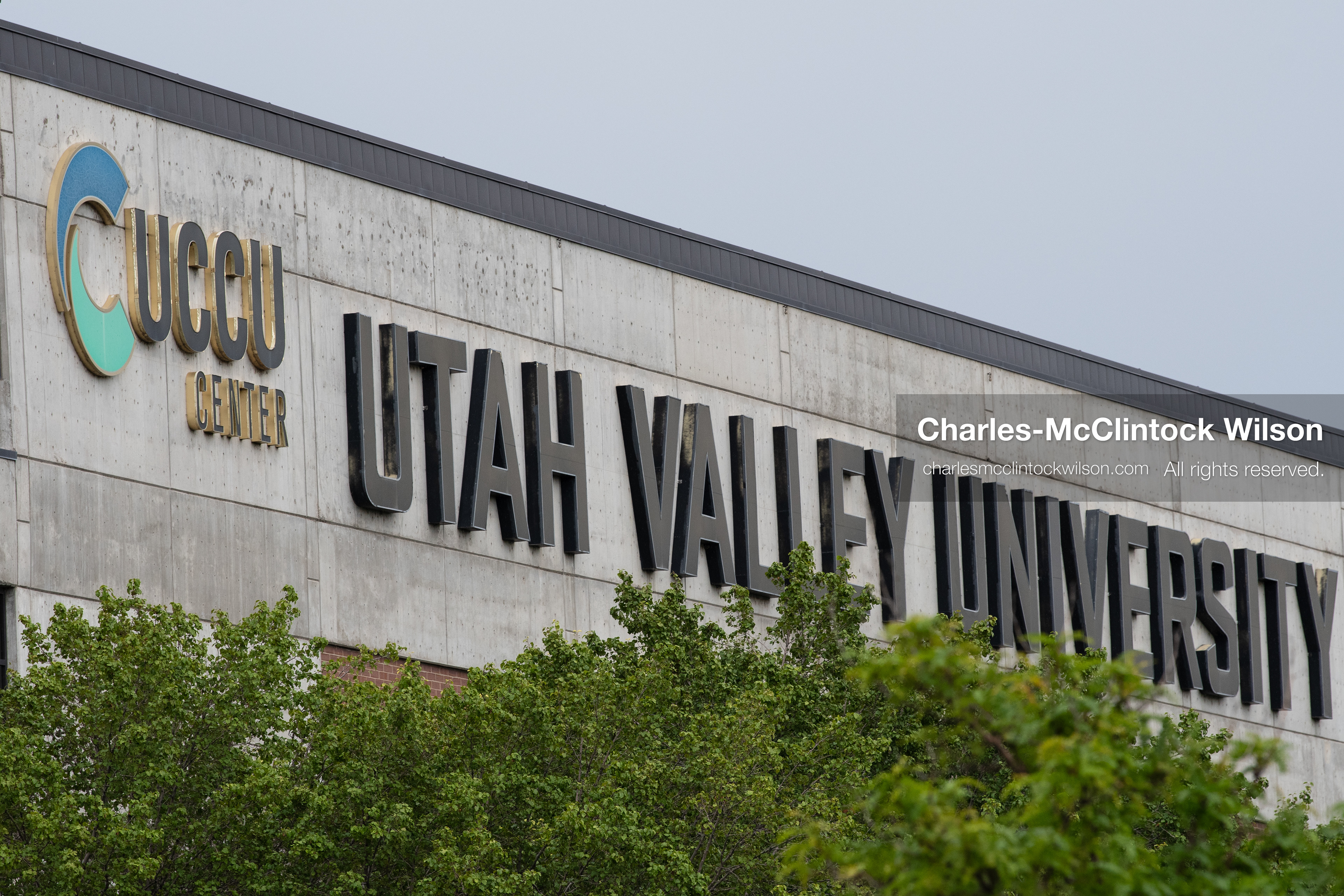 A detailed shot shows the exterior signage of the UCCU Center on the campus of Utah Valley University in Orem, Utah, on Wednesday, July 29, 2026. More than 300 people came to the public memorial ceremony to honor Provo Fire Captain Spencer Long, his wife Katrina, and three of their sons, who died after a flash flood hit their campsite near the Sunglow Campground in Wayne County. (Photo by Charles-McClintock Wilson/Sipa USA)