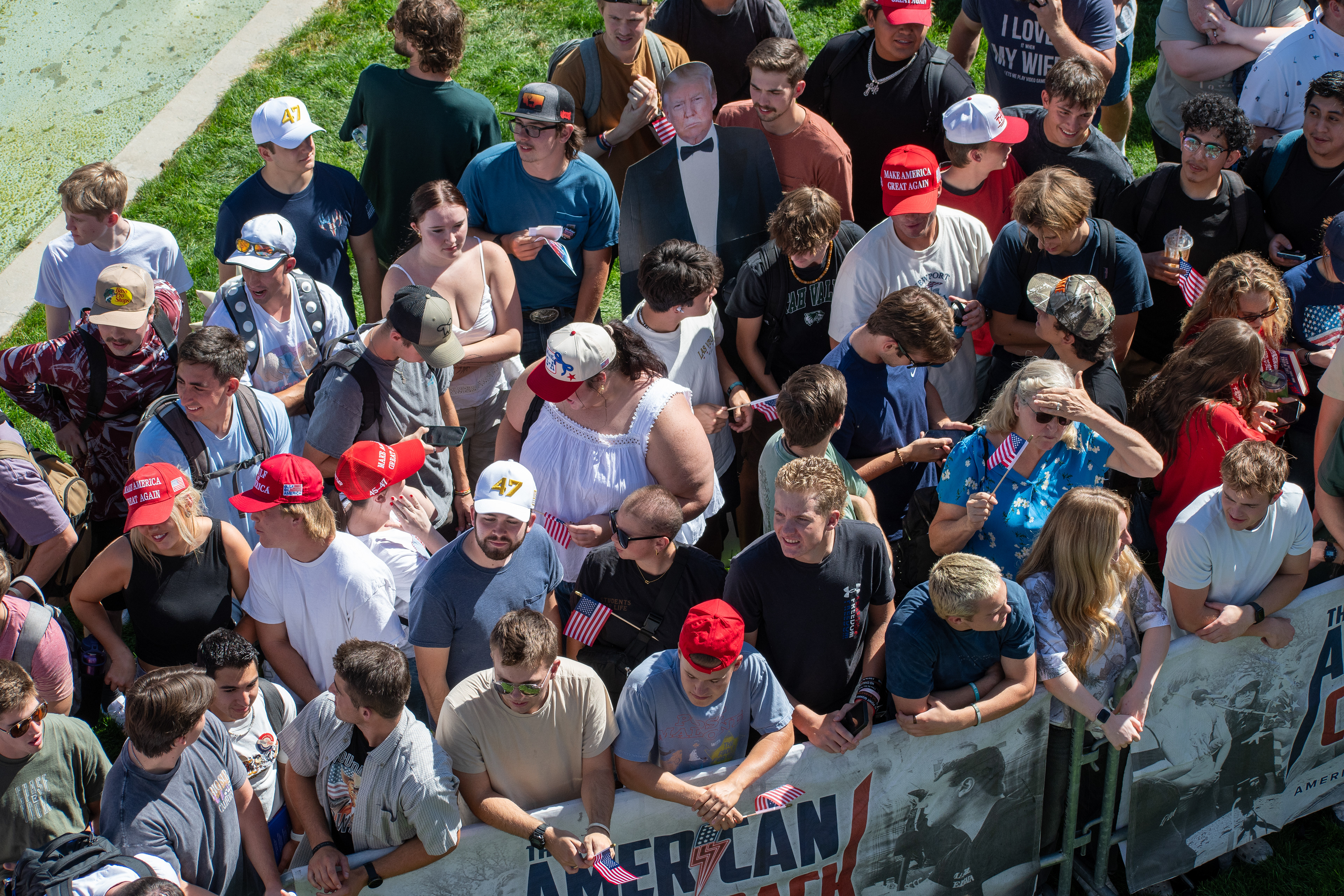 OREM, UTAH – SEPTEMBER 10, 2025: Attendees gather across the lawn and walkways at Utah Valley University during the opening stop of the American Comeback Tour. Seated and standing in casual formation, the crowd reflects a moment of civic presence, curiosity, and communal engagement. The image captures the spatial texture and emotional tone of a public event designed to connect, energize, and engage. © Charles-McClintock Wilson / ZUMA Press