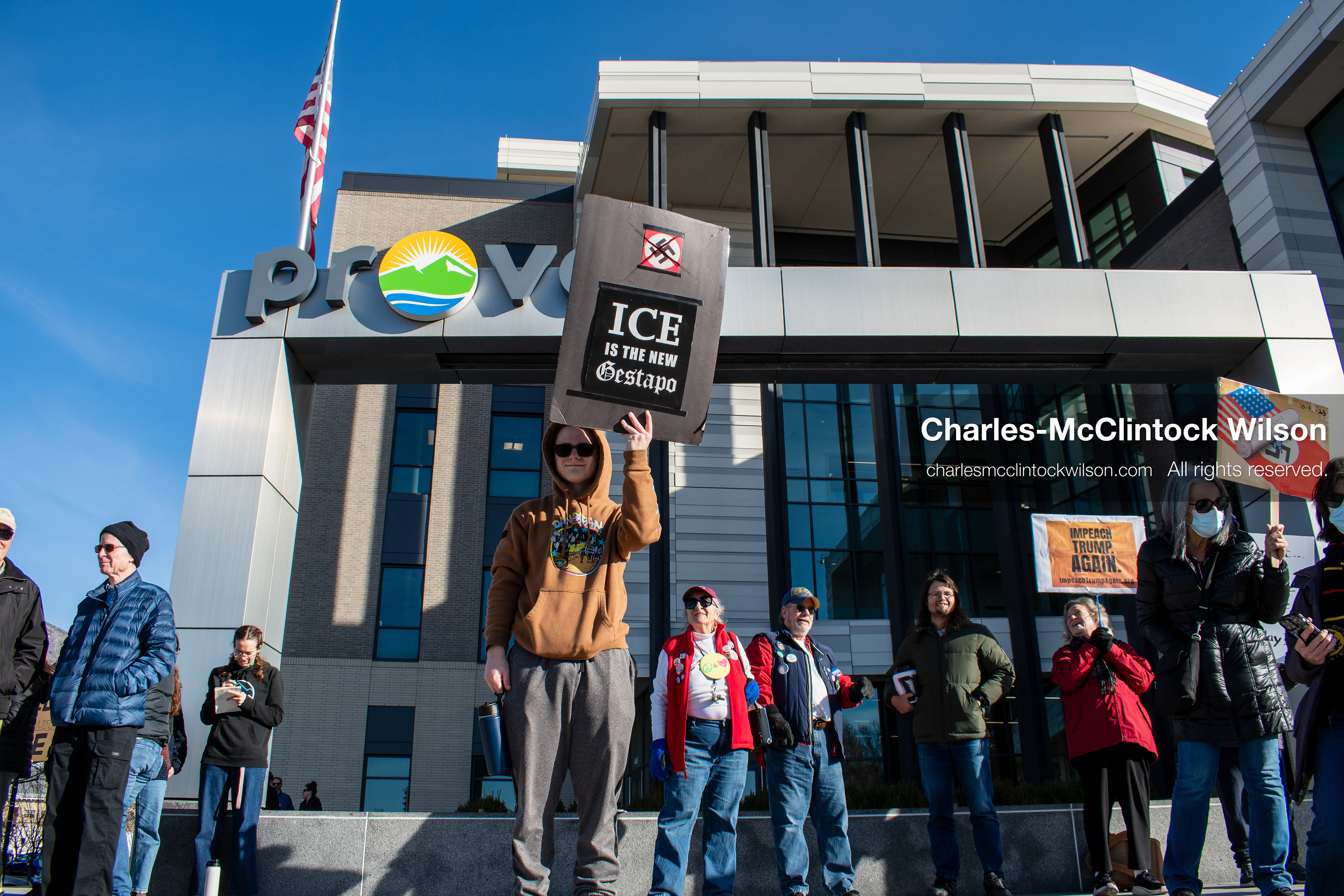 January 20, 2026, Provo, Utah, USA: Protesters gather outside Provo City Hall during the Free America Walkout protest in Provo, Utah, on January 20, 2026. Demonstrators held signs calling for justice, immigration reform, and an end to detention practices. (Credit Image: © Charles-McClintock Wilson/ZUMA Press Wire)