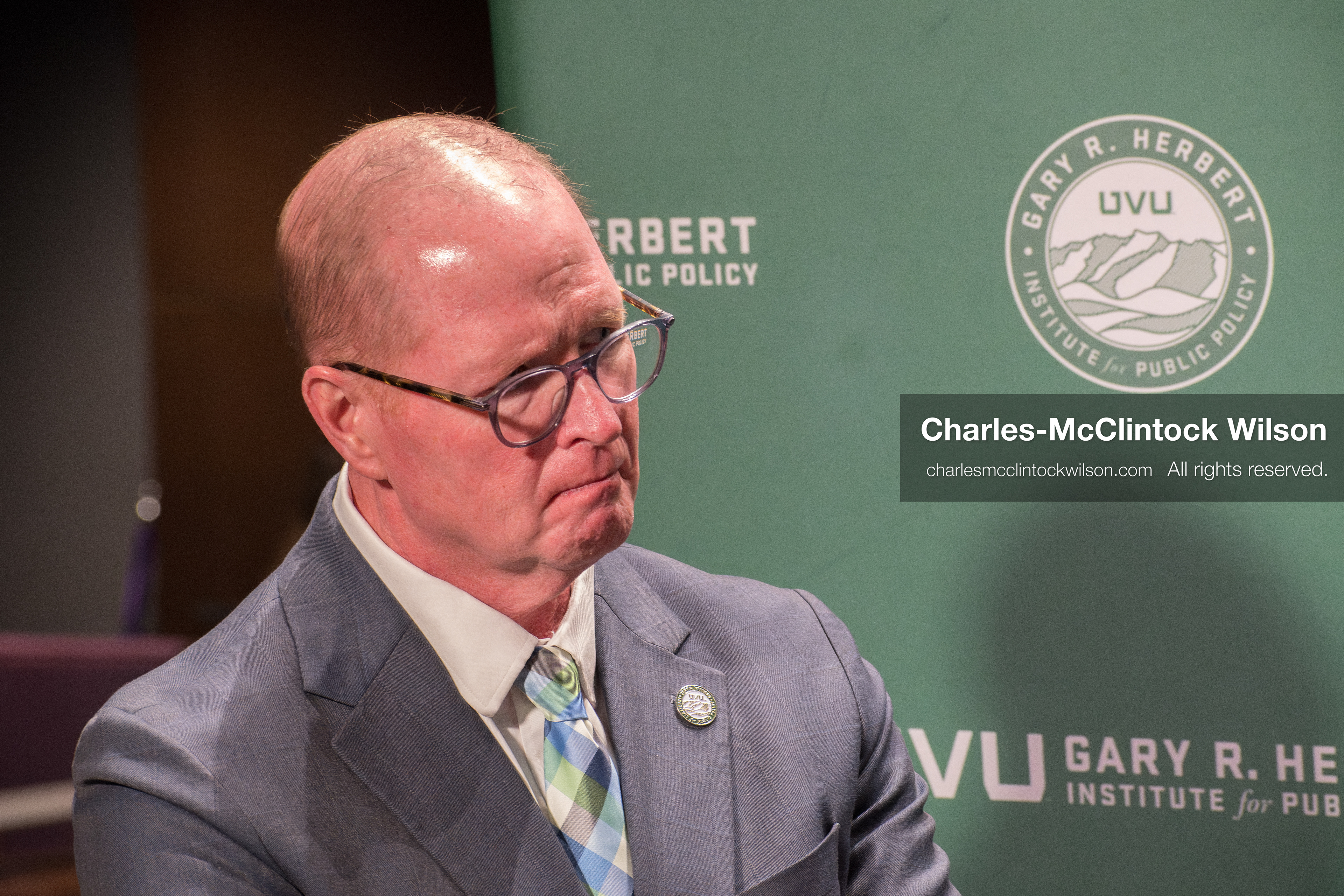 November 12, 2025, Orem, Utah, USA: Executive Director Justin Jones of the Gary R. Herbert Institute for Public Policy engages with members of the press during the Senators Modeling Civility forum at Utah Valley University. The event, held at the Noorda Center for the Performing Arts, featured bipartisan dialogue moderated by CNN anchor Dana Bash, emphasizing institutional response and respectful civic engagement following the assassination of conservative activist Charlie Kirk.  (Credit Image: © Charles-McClintock Wilson/ZUMA Press Wire)