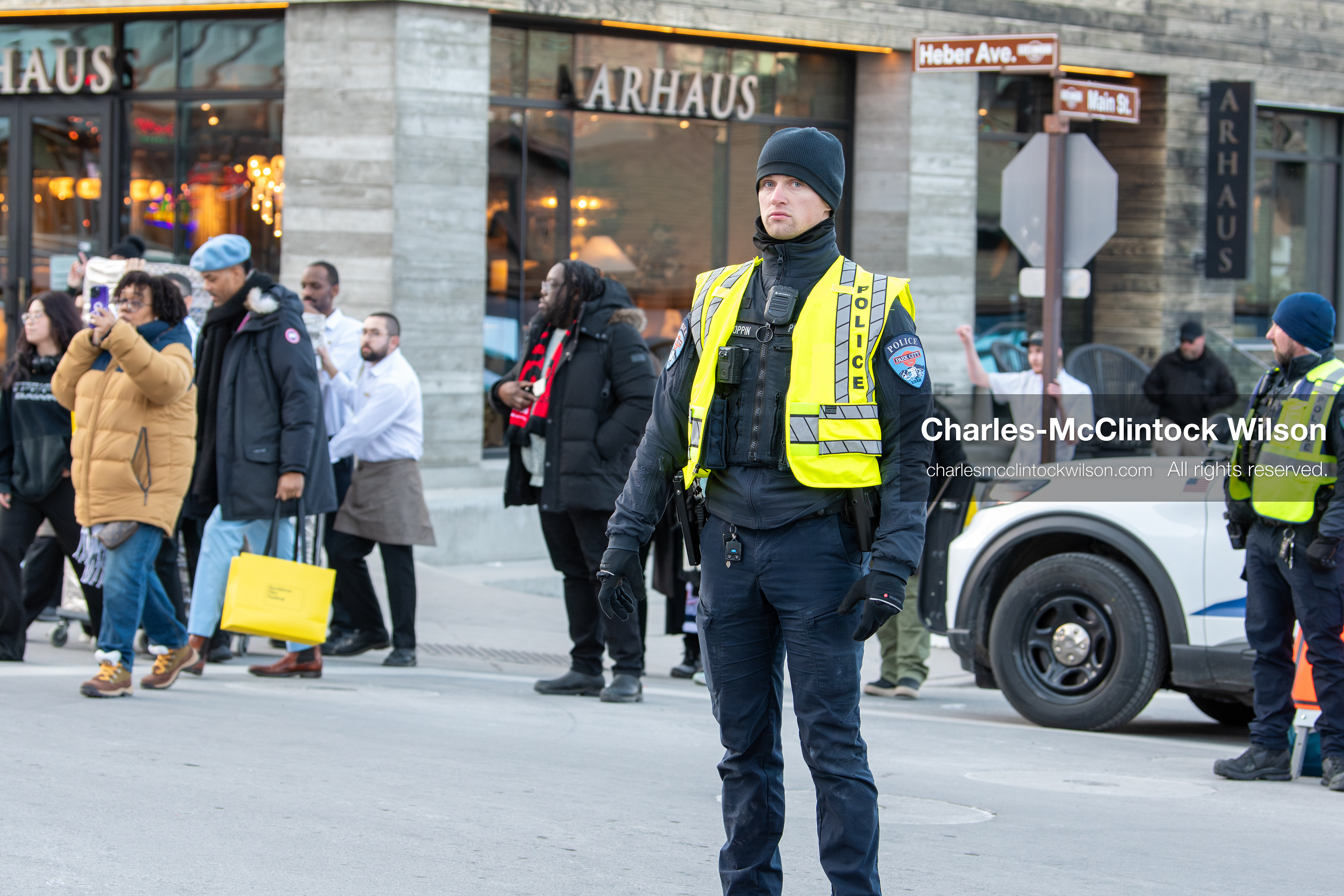 January 26, 2026, Park City, Utah, USA: A police officer monitors pedestrian traffic near Haber Avenue during a protest opposing U.S. Immigration and Customs Enforcement (I.C.E.) ICE agents at the Sundance Film Festival in Park City, Utah, on Monday, Jan. 26, 2026. The event was held in response to the fatal shooting of Alex Pretti by a U.S. Border Patrol officer in Minneapolis. (Credit Image: © Charles McClintock Wilson/ZUMA Press Wire)