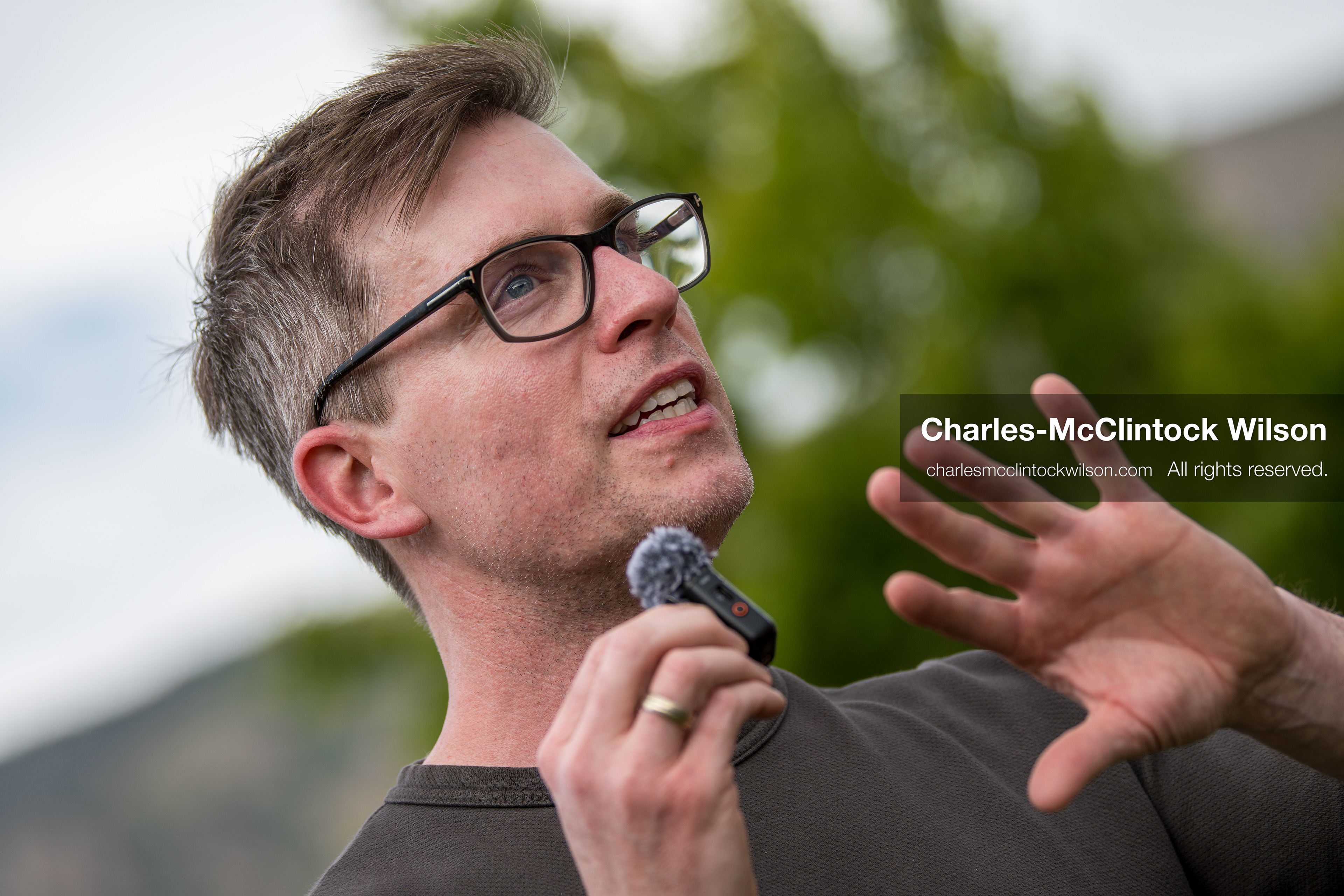 May 13, 2026, Brigham City, Utah, USA: US political satirist and digital creator WALTER MASTERSON speaks to attendees outside the Box Elder County Justice Courthouse in Brigham City, Utah, on May 13, 2026, during a gathering over the proposed data center project backed by businessman Kevin O'Leary, which has drawn public concern over water use, power demand, and transparency. (Credit Image: © Charles-McClintock Wilson/ZUMA Press Wire)