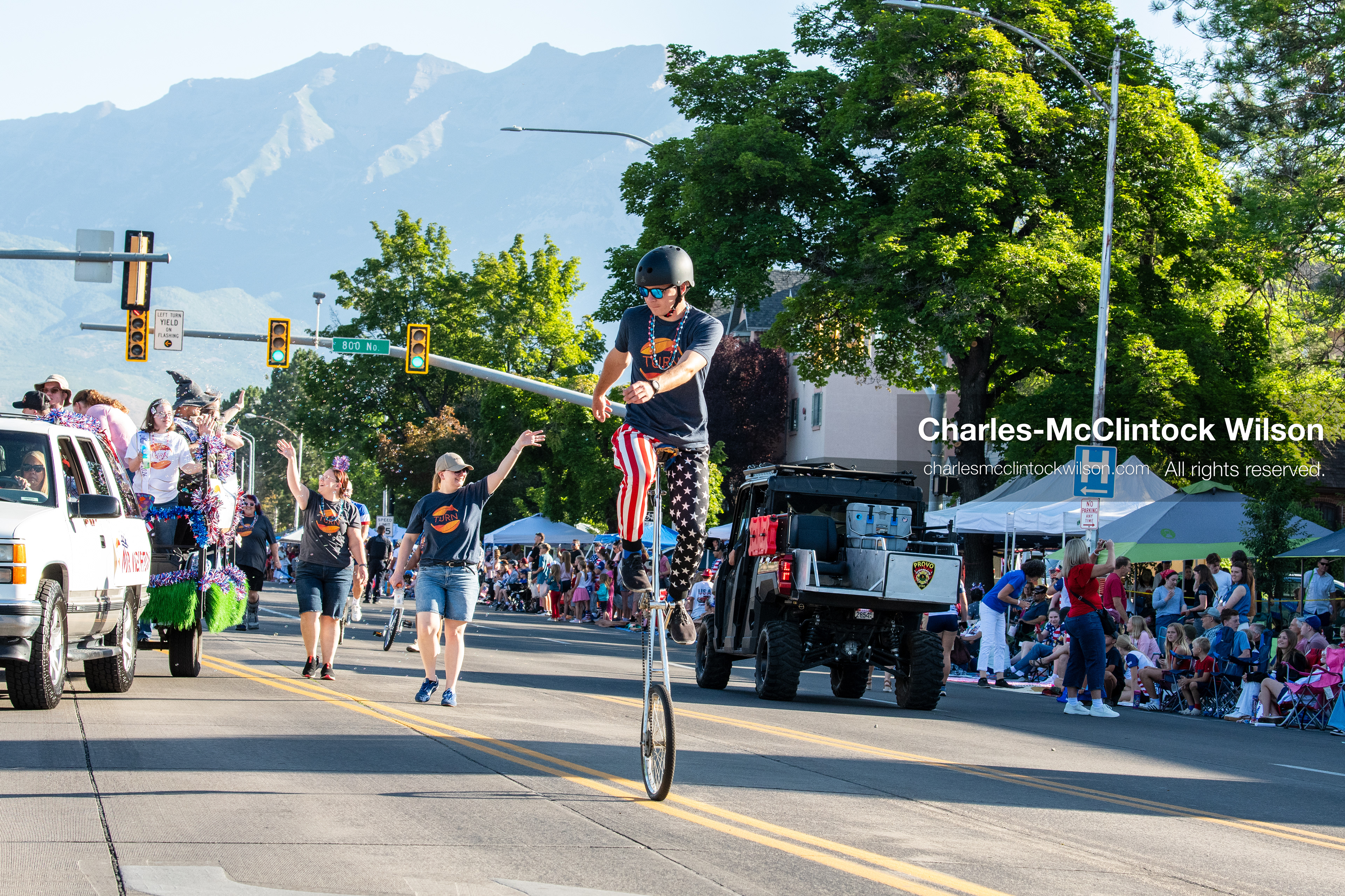 July 4, 2026, Provo, Utah, USA: A performer riding a tall unicycle and wearing patriotic pants moves down the street as part of a procession during America's Freedom Festival Grand Parade in Provo, Utah, Saturday, July 4, 2026. The annual Independence Day event features expanded programming to honor the 250th anniversary of United States independence. (Credit Image: © Charles-McClintock Wilson/ZUMA Press Wire)