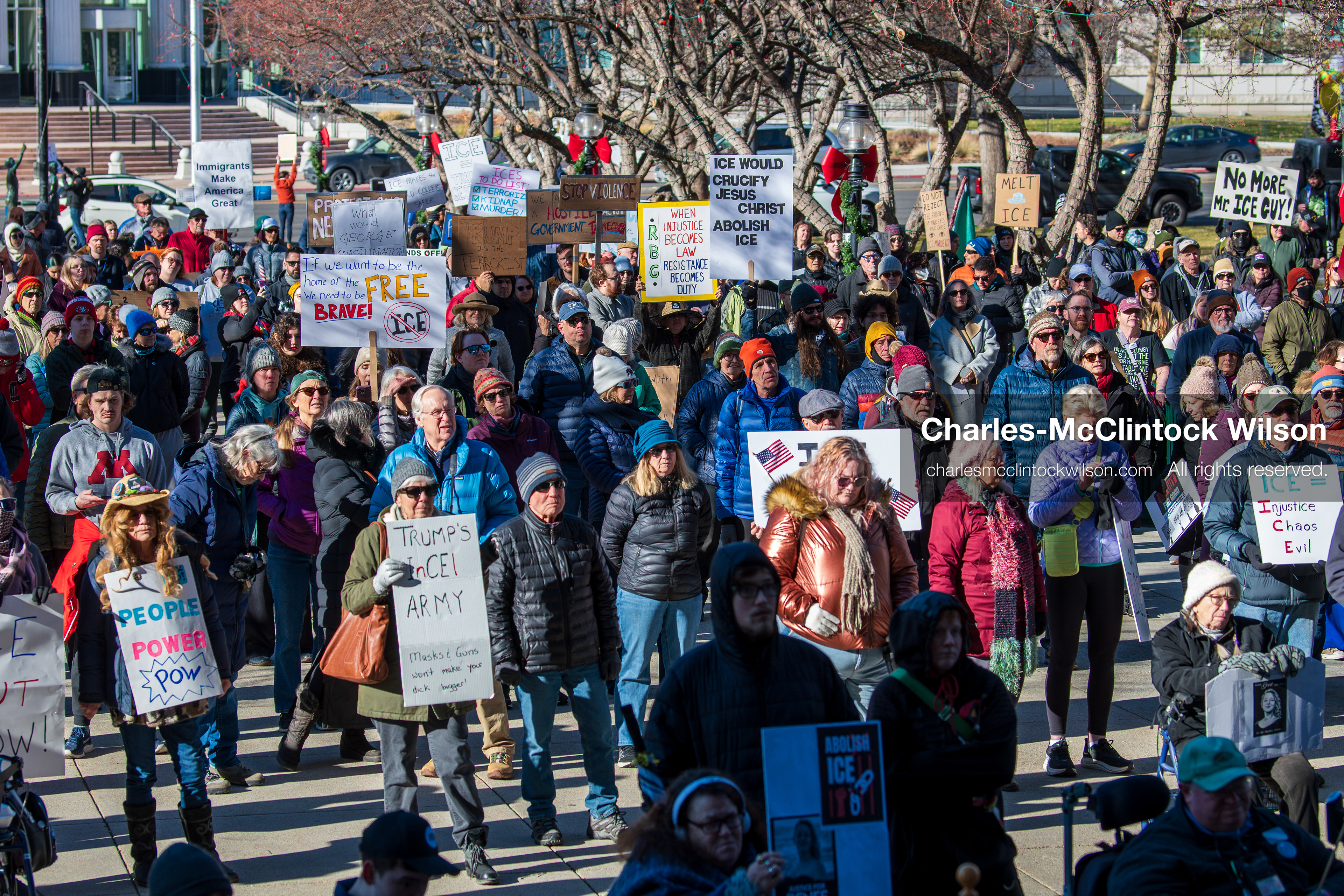 January 10, 2026, Salt Lake City, Utah, USA: Crowd of demonstrators gathered at Washington Square Park during the ICE Out for Good protest in Salt Lake City, Utah, on January 10, 2026, a demonstration against ICE and calling for justice for Renee Nicole Good. (Credit Image: © Charles-McClintock Wilson/ZUMA Press Wire)