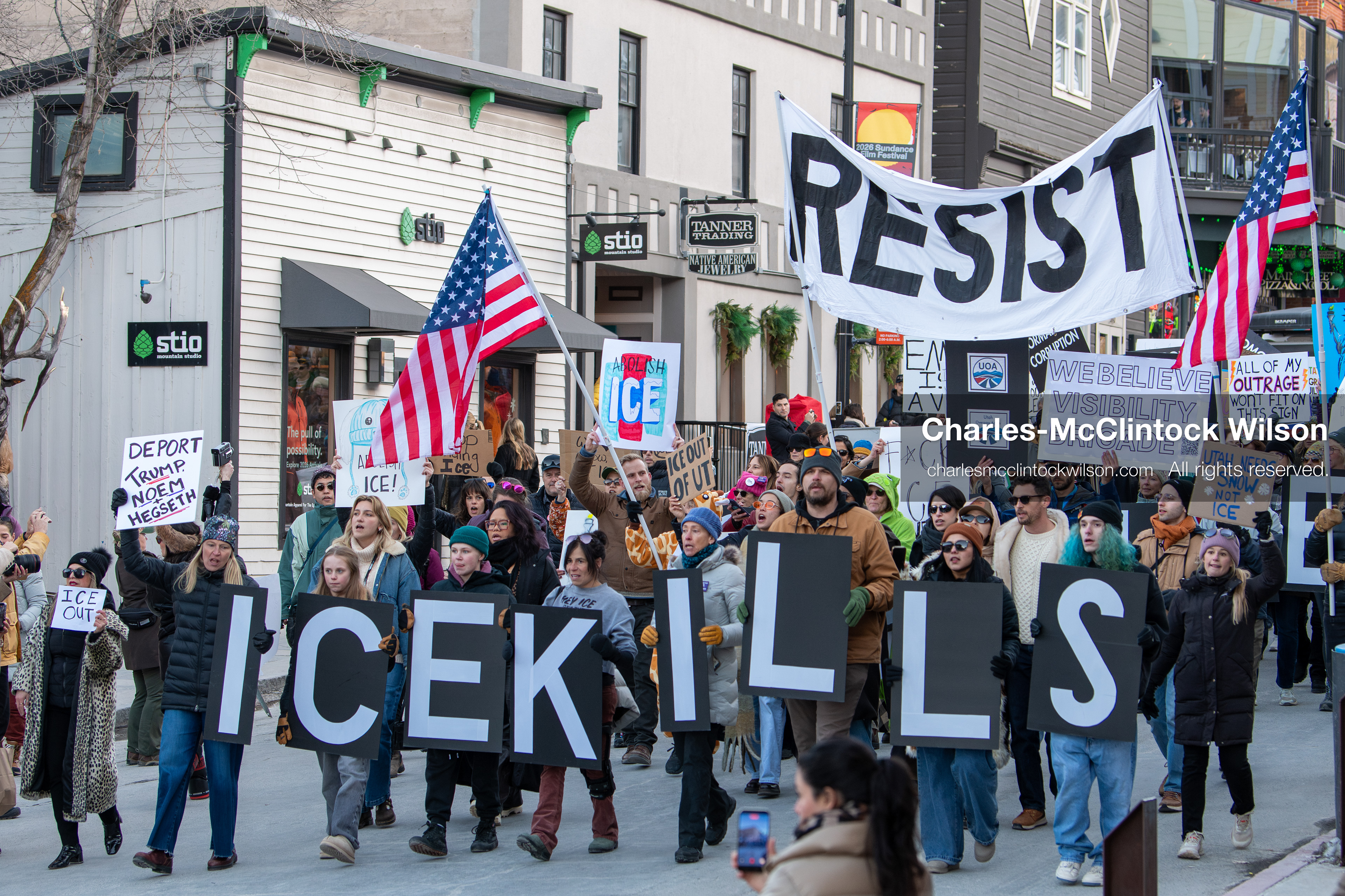 January 26, 2026, Park City, Utah, USA: Demonstrators march through Main Street holding signs during a protest opposing U.S. Immigration and Customs Enforcement (I.C.E.) ICE agents at the Sundance Film Festival in Park City, Utah, on Monday, Jan. 26, 2026. The event was held in response to the fatal shooting of Alex Pretti by a U.S. Border Patrol officer in Minneapolis. (Credit Image: © Charles McClintock Wilson/ZUMA Press Wire)