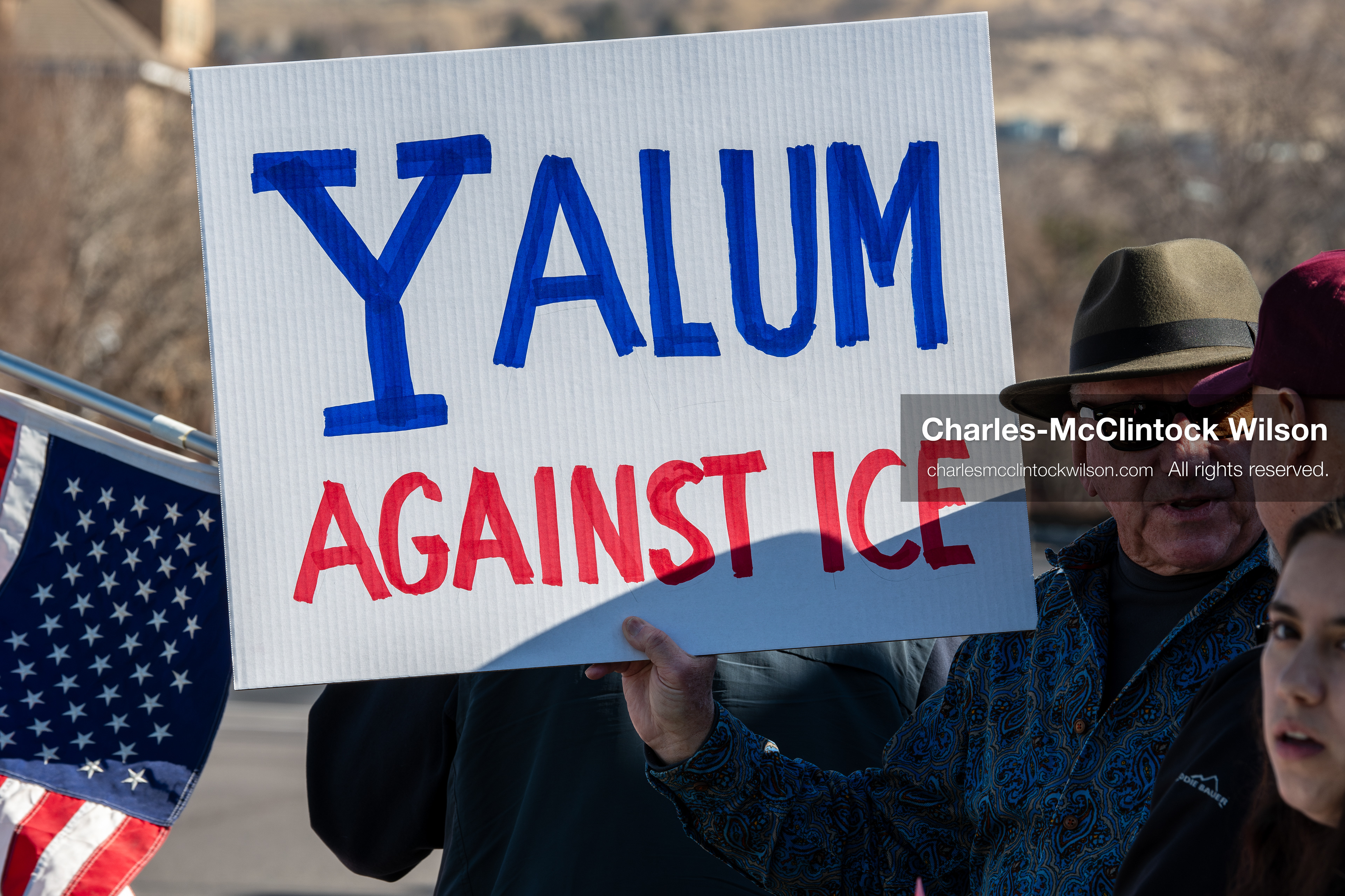 February 5, 2026, Provo, Utah, USA: A demonstrator holds a sign during a gathering near Brigham Young University in Provo where students and community members protested the presence of US Customs and Border Protection recruiters at a career fair held on the BYU campus. (Credit Image: © Charles McClintock Wilson/ZUMA Press Wire)