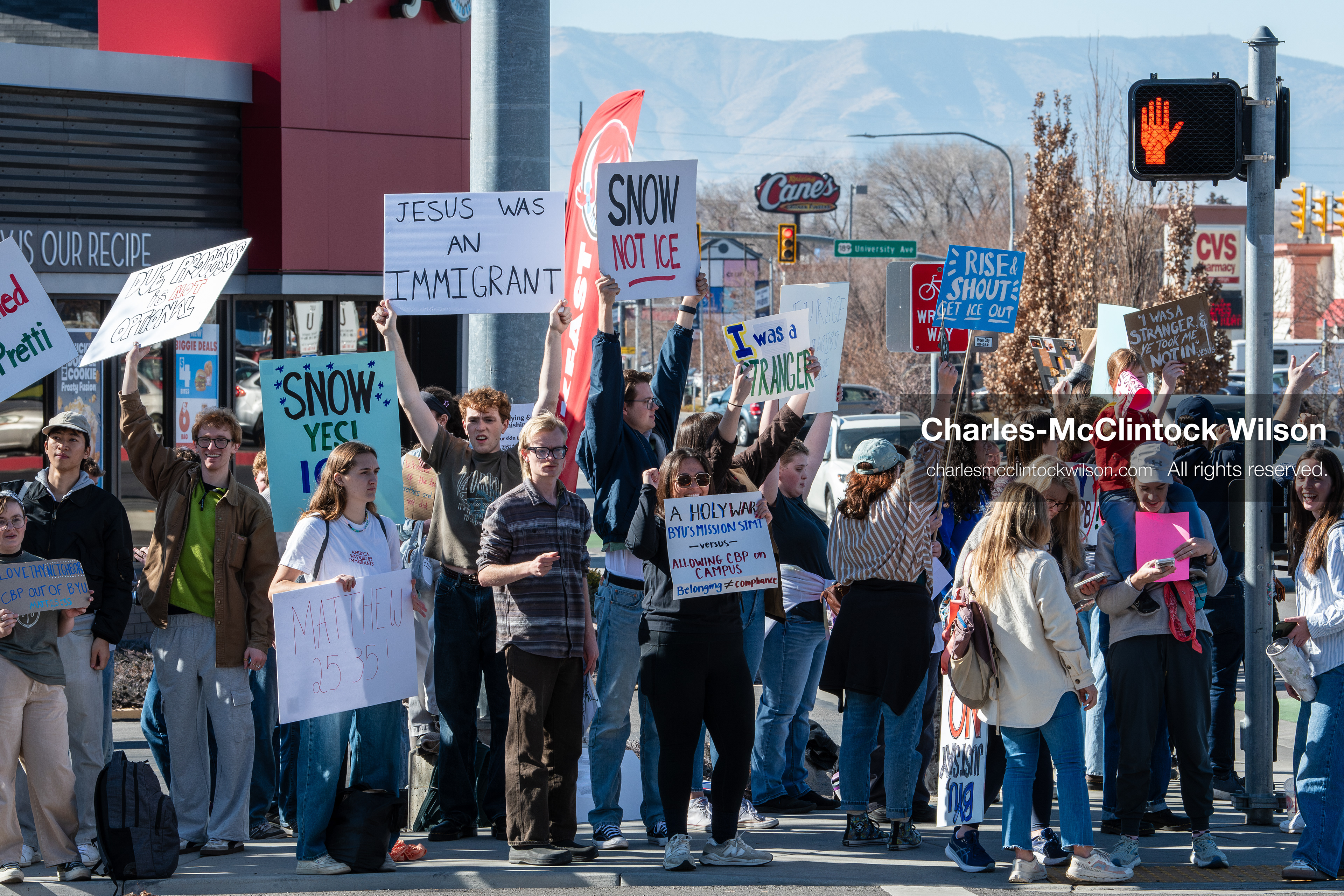 February 5, 2026, Provo, Utah, USA: Students and community members gather near Brigham Young University in Provo to demonstrate against the presence of US Customs and Border Protection recruiters at a career fair held on the BYU campus. (Credit Image: © Charles McClintock Wilson/ZUMA Press Wire)