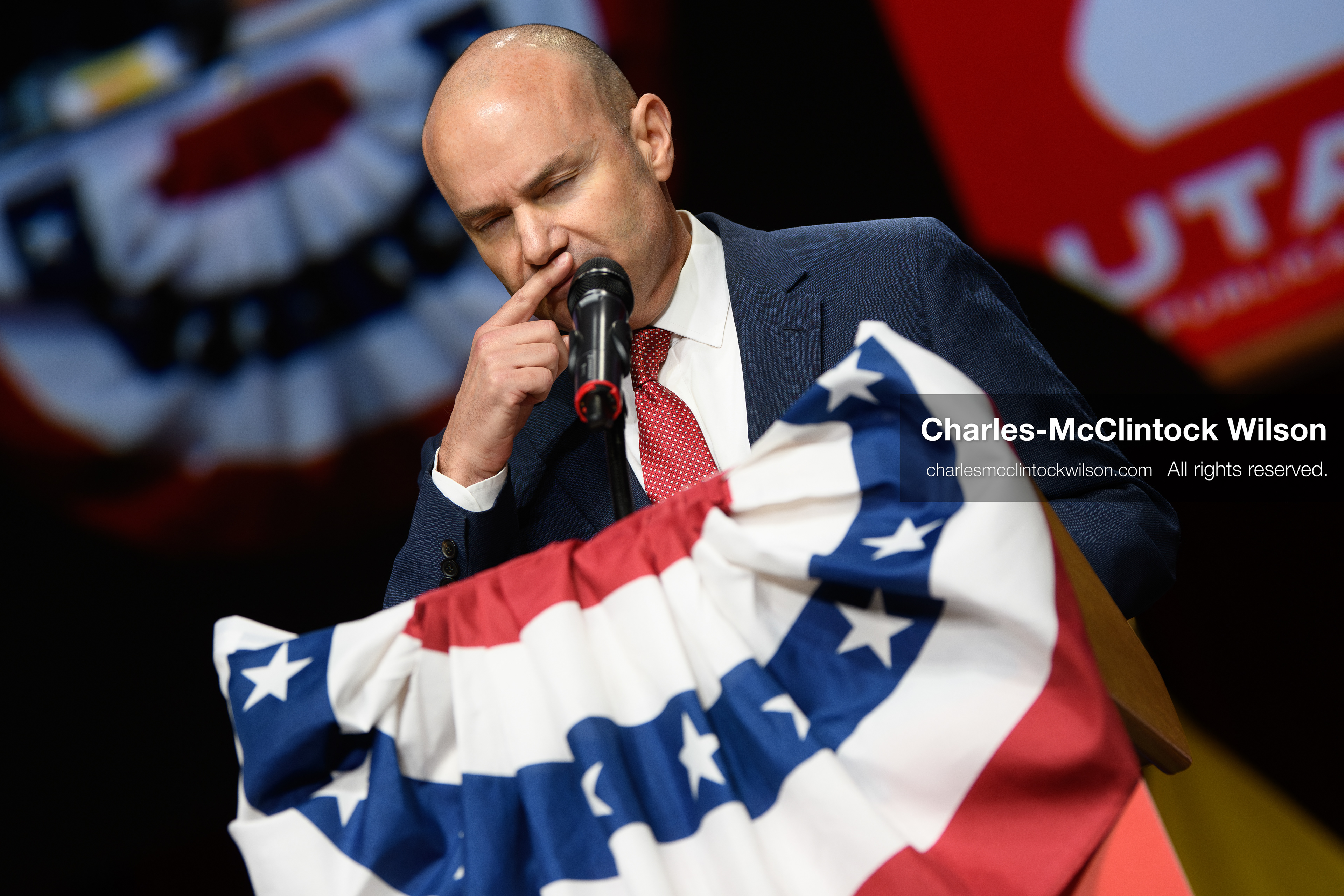 April 25, 2026, Orem, Utah, USA: U.S. Sen. MIKE LEE (R‑UT) speaks during the 2026 Utah Republican State Nominating Convention at the UCCU Center on the campus of Utah Valley University in Orem. (Credit Image: © Charles-McClintock Wilson/ZUMA Press Wire)